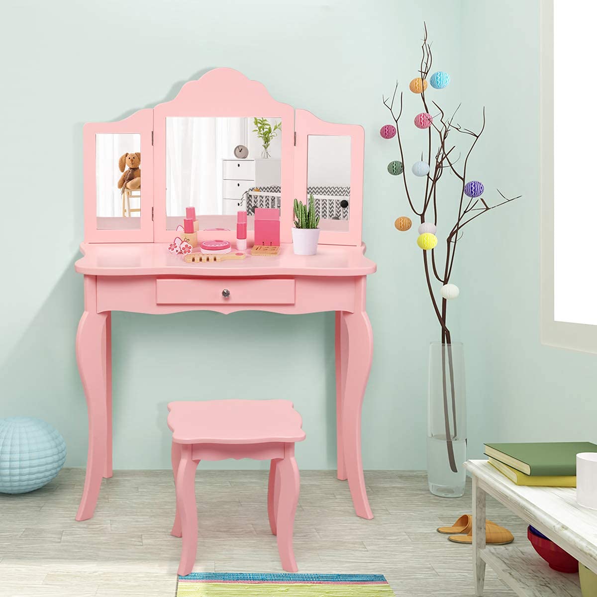 INFANS Kids Wooden Princess Vanity Table & Chair Set - 2-in-1 Toddler Vanity with Stool, Tri-Folding Mirror & Large Drawer - Pretend Play Beauty Makeup Dressing Set for Little Girls - Perfect for Bedroom Decor, Birthday Gifts & Role Play Activities