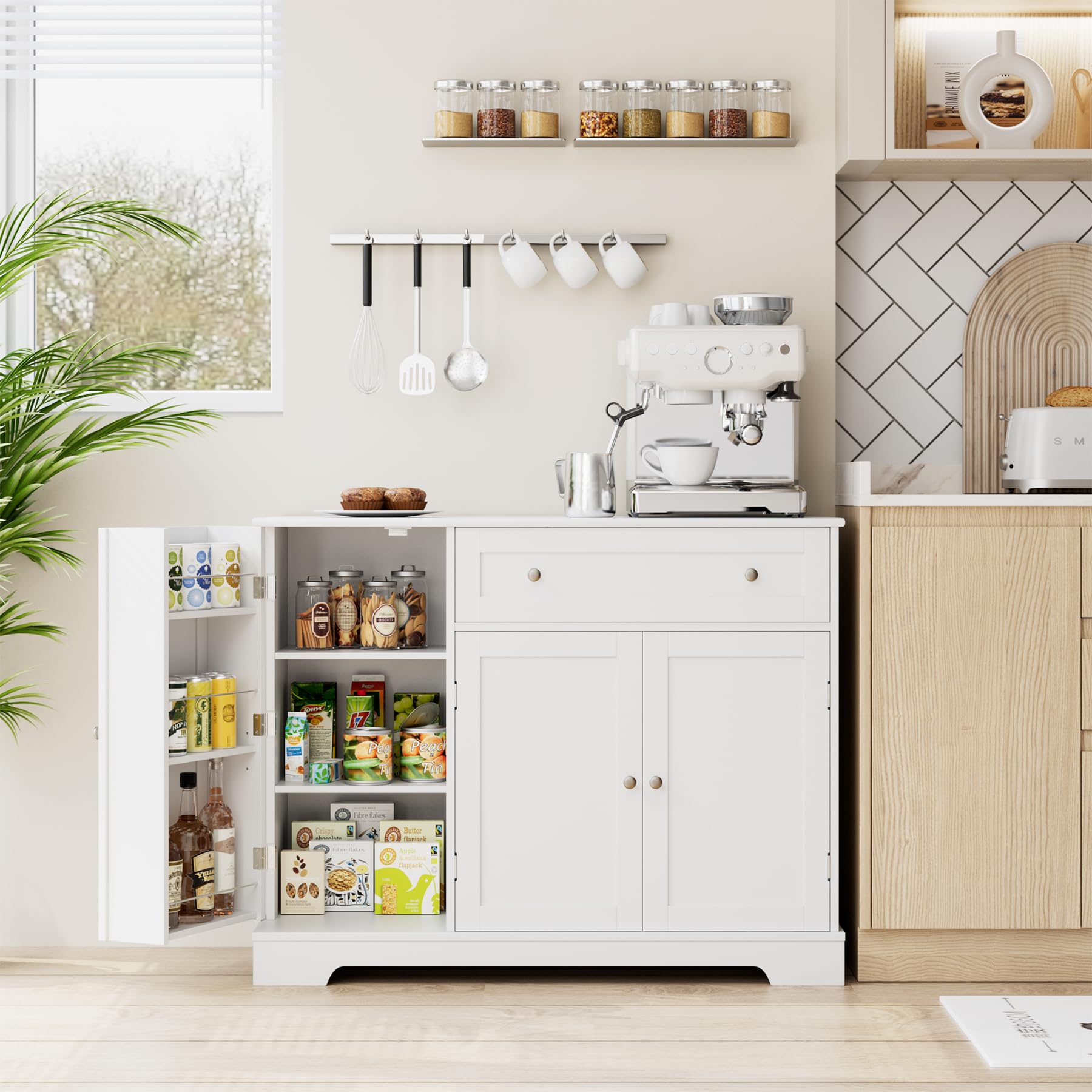 Modern White Buffet Cabinet with Storage - Wooden Sideboard with Doors, Drawers & Adjustable Shelves for Kitchen, Dining & Living Room | Perfect for Coffee Bar Setup, Home Organization & Entertaining Guests