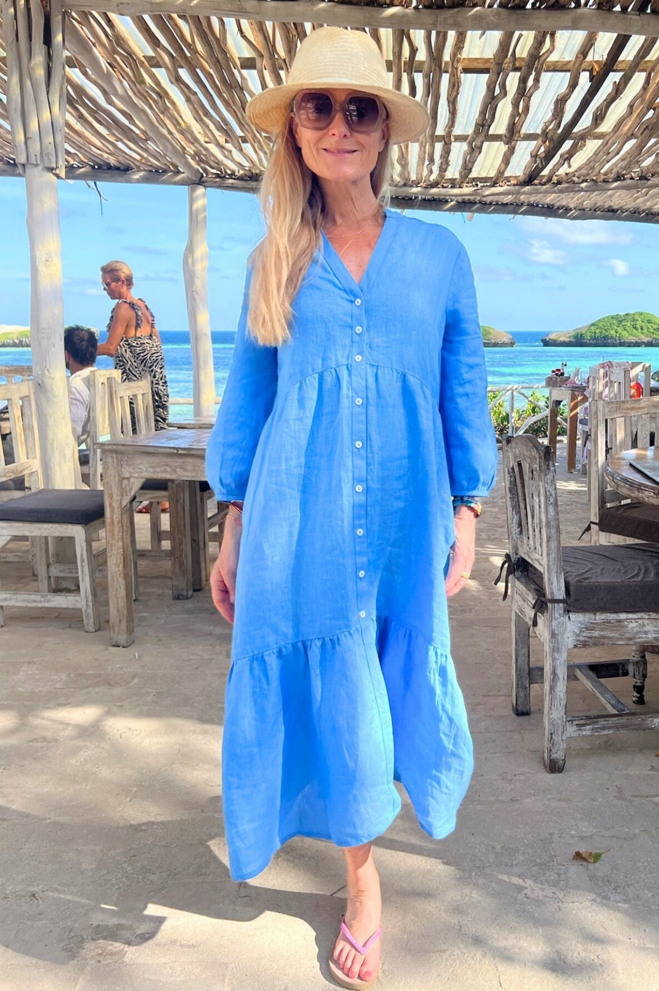 Charlotte Linen Dress Women's Summer Casual Cornflower Blue Flowy Maxi Dress - Perfect for Beach Vacation, Garden Party & Boho Chic Outfits