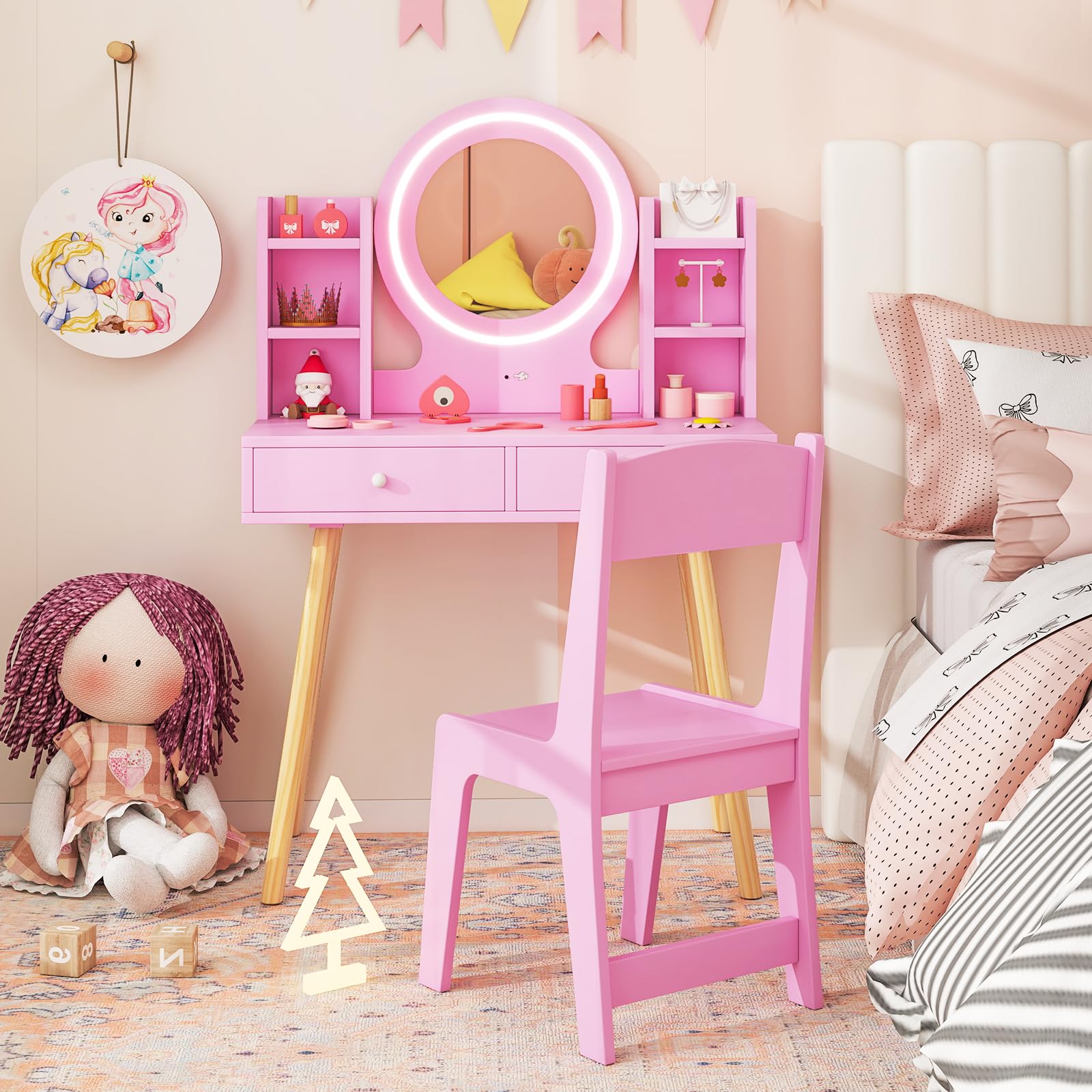 Costzon Pink Wooden Kids Vanity Set with Mirror, Stool, Lights & Storage - Toddler Makeup Dressing Table for Pretend Play, Birthday Gifts for Girls - Perfect for Bedroom Decor & Role Play Activities