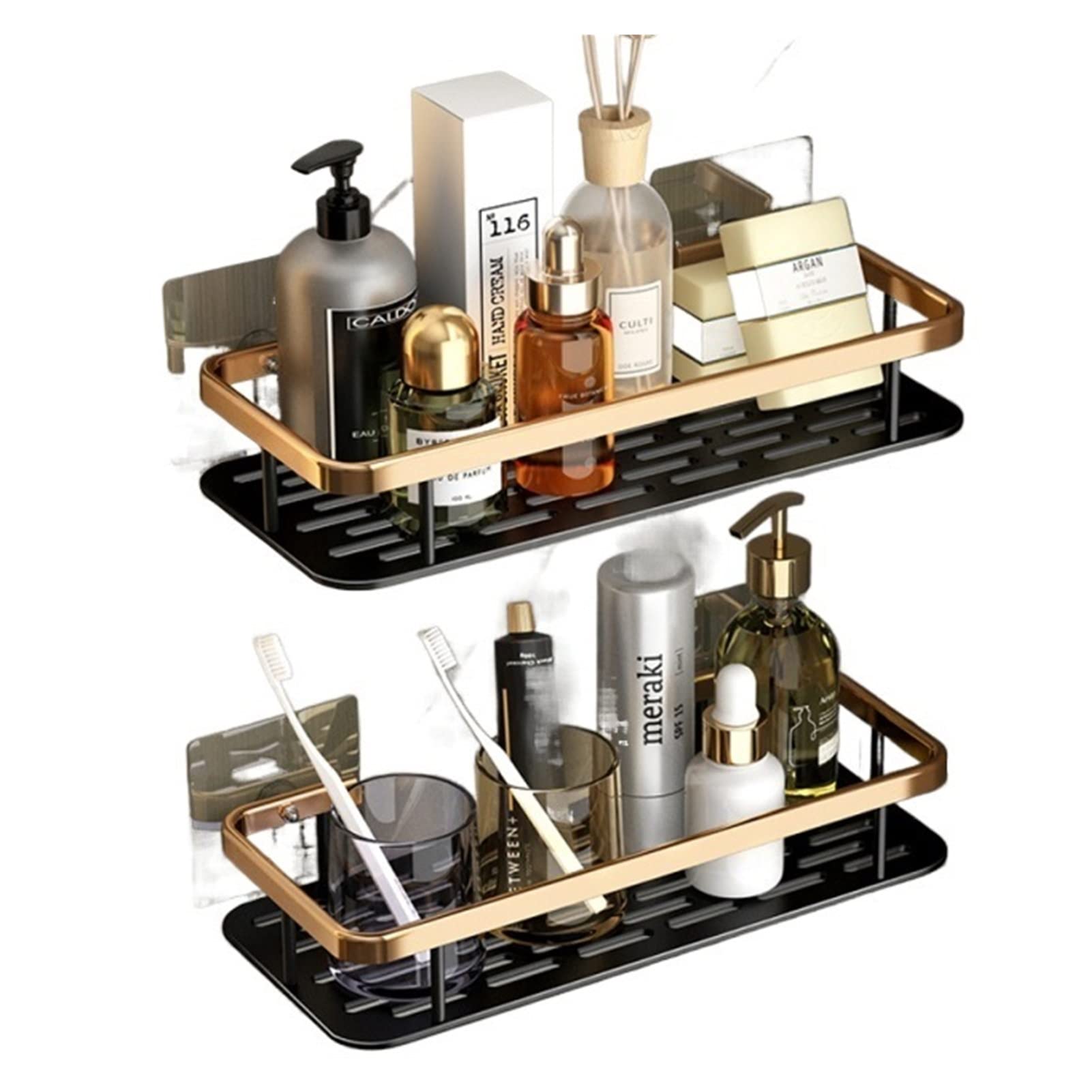XADITON 2-Pack No-Drill Bathroom Shelf Organizer - Rustproof Shower Storage Rack for Bathroom & Kitchen - Space-Saving Toilet Shelf Set (Golden) - Perfect for Small Bathrooms, Apartments & Dorm Organization