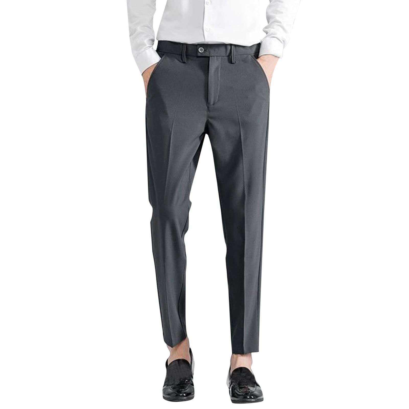 Business Casual Trousers for Men - Zipper Pleated Ankle-Length Dress Pants with Pockets | Office Wear, Formal Occasions & Smart Casual Outfits