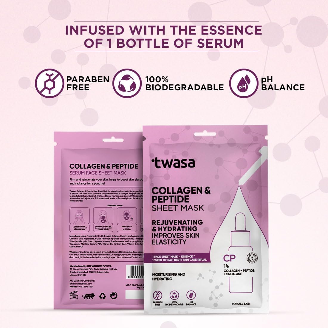 Twa'sa Collagen & Peptide Serum Face Sheet Mask - Korean Skincare for Radiant & Glowing Skin | Hydrating Anti-Aging Facial Mask for Men & Women (20g x 5 Pack) | Perfect for Daily Skincare Routine & Spa Night