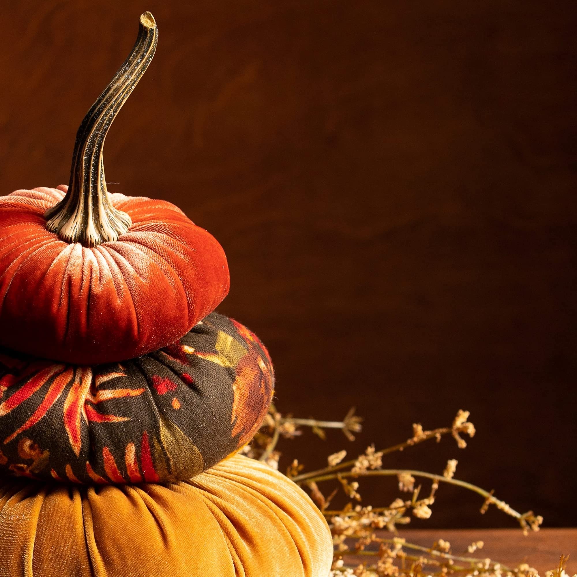 Stacked Velvet Pumpkins for Home Decor - Rustic Fall Table Centerpiece, Seasonal Mantle Display & Wedding Decor (Rust, Floral, Gold) | Perfect for Autumn Tablescapes, Thanksgiving Decor & Cozy Farmhouse Styling