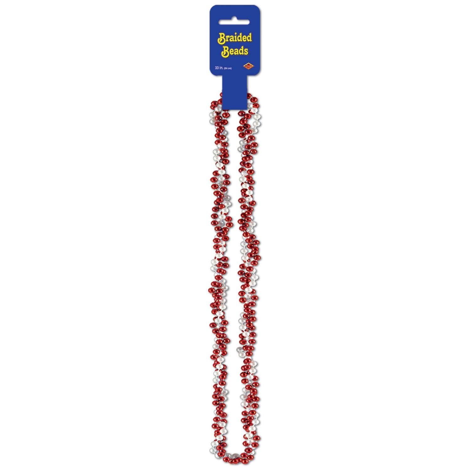 12 Pack Beistle Braided Bead Necklaces - Red & White Party Mardi Gras Accessories for Festivals, Parades, and Costume Parties