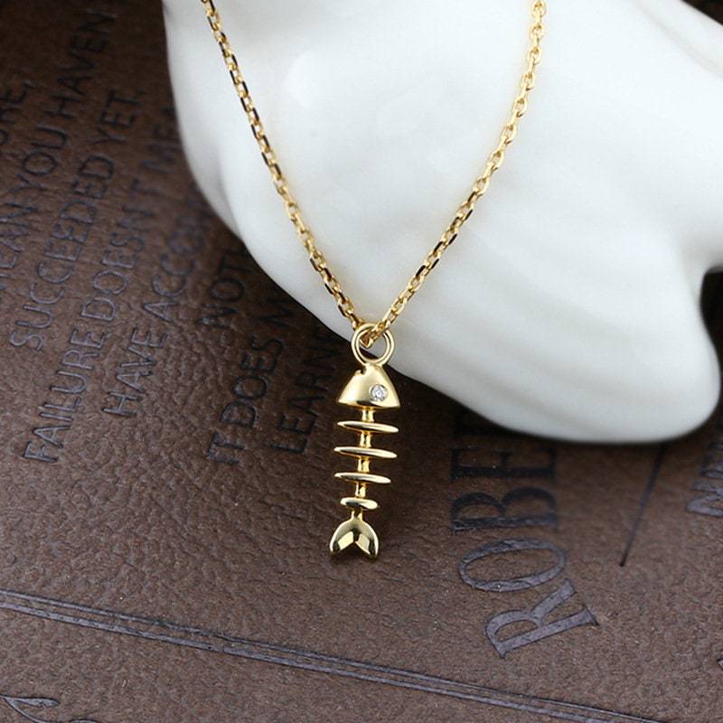 Elegant Fishbone Necklace - Unique 9K/14K/18K Yellow Gold Fish Pendant, Vintage Fish Charm Christian Jewelry for Women | Perfect Gift for Birthday, Anniversary & Religious Occasions