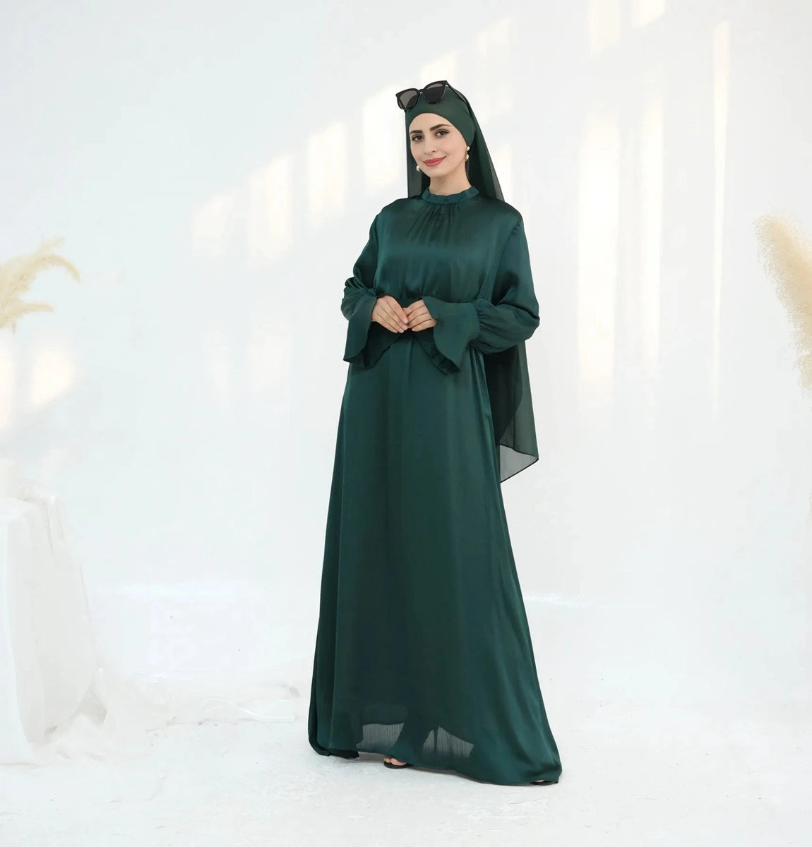 Elegant Satin Abaya Dress with Diamond Chain Belt - Modest Islamic Fashion for Women | Perfect for Prayer, Eid, Wedding & Special Occasions