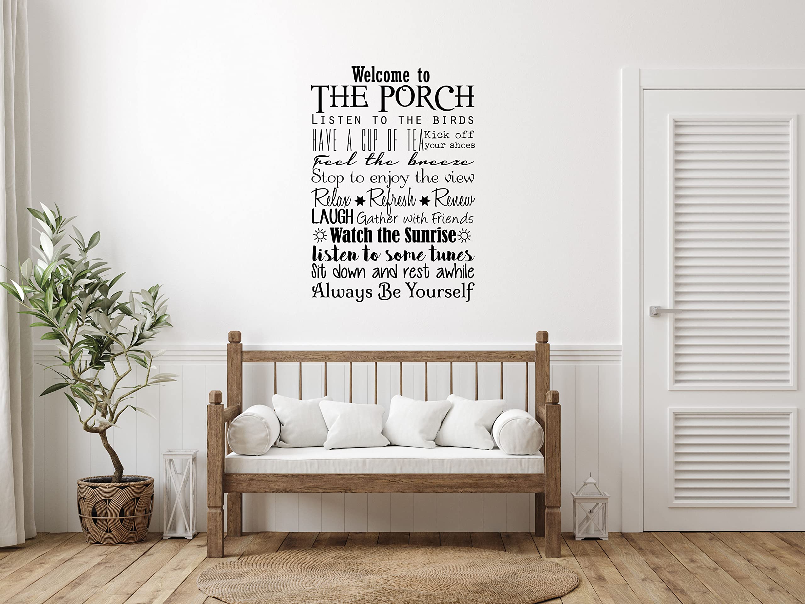 Welcome To The Porch Rules Sign Decal - Funny Home Decor Wall Quote Sticker for Living Room, Family Room & Porch - Removable Vinyl Saying for Indoor/Outdoor Use - Perfect for Housewarming Gifts & Farmhouse Style Decor