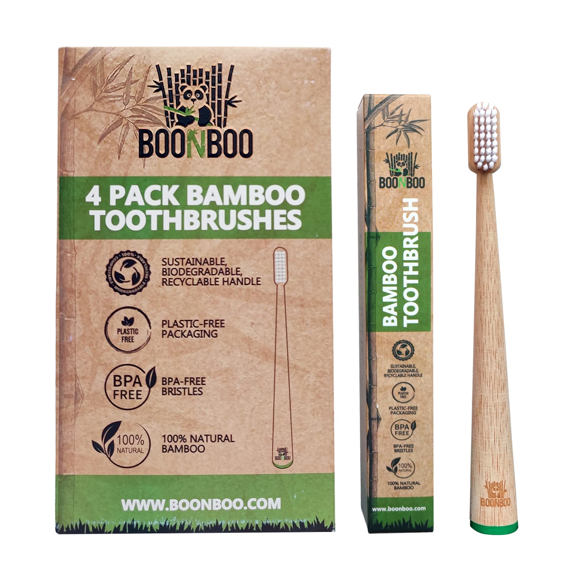 BOONBOO Bamboo Toothbrushes 4 Pack - Medium Bristles, Self Standing, Eco-Friendly & Biodegradable for Adults - Sustainable Oral Care for Home, Travel & Zero Waste Lifestyle