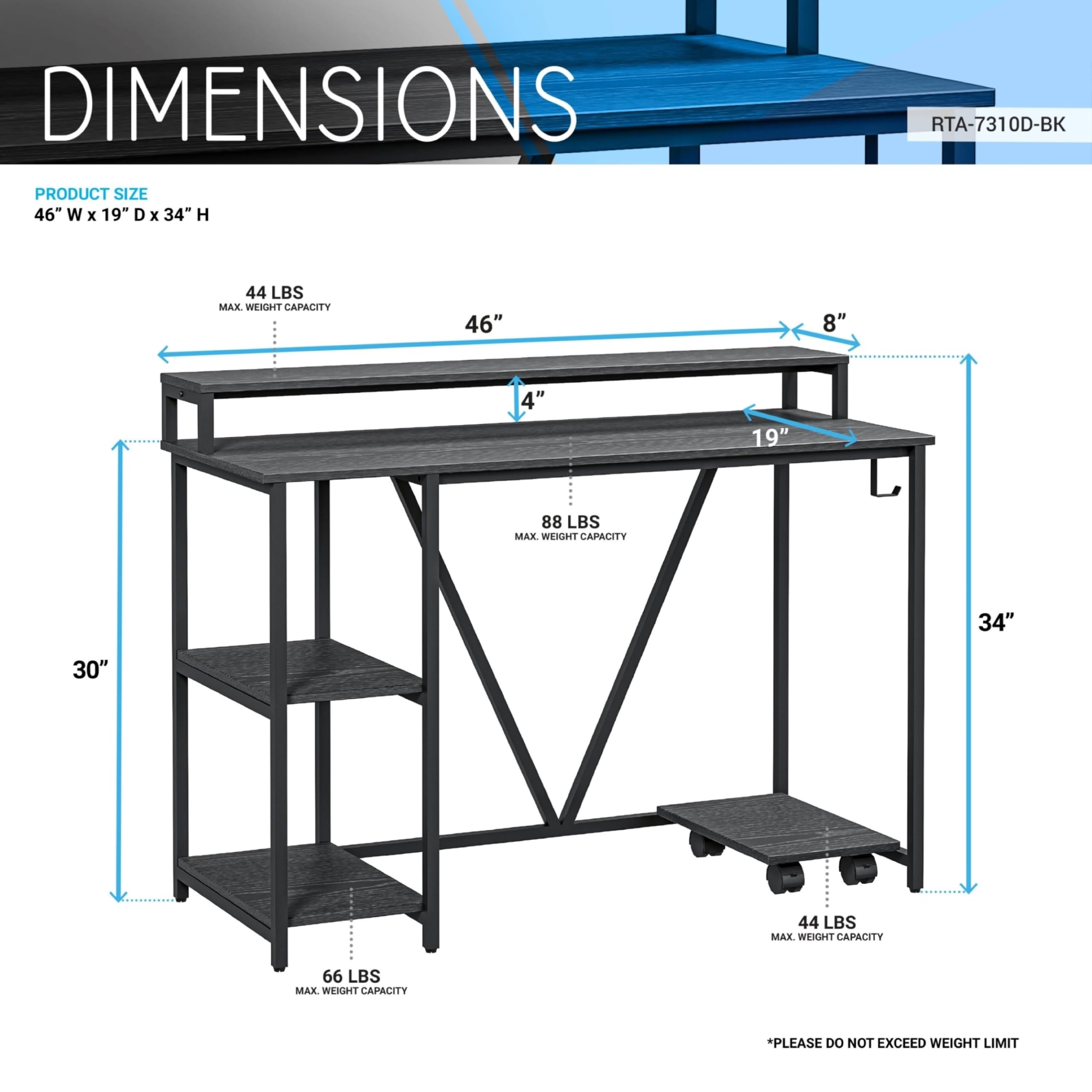 Techni Mobili Industrial Computer Desk with Storage Shelves, Monitor Stand & Accessory Holder - Home Office Laptop Table with CPU Caddy & 2-Tier Bookshelf - Perfect for Small Spaces & Modern Workstations