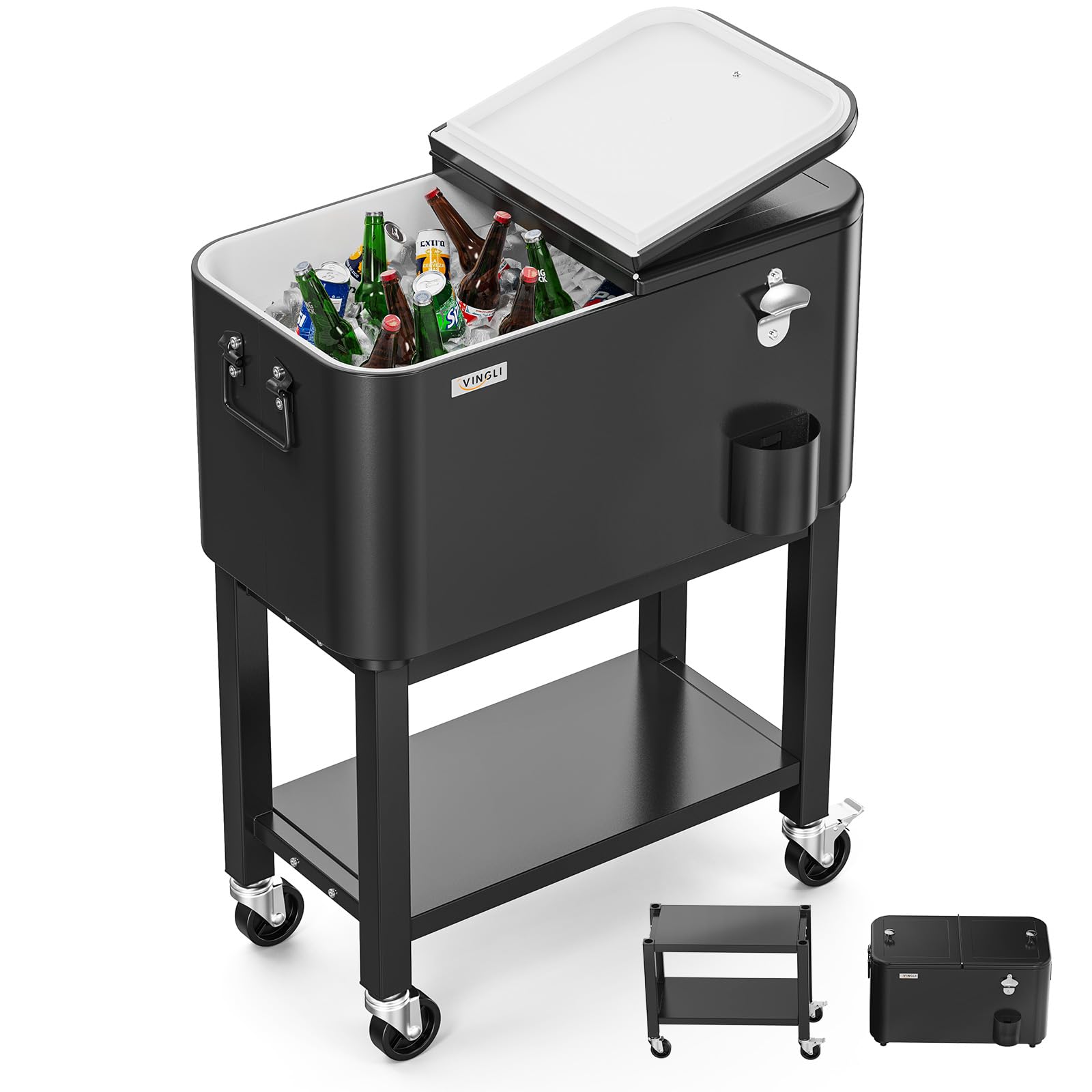 VINGLI Rolling Patio Cooler with Wheels - Portable Ice Chest for Outdoor Parties, Beach, BBQ & Tailgating - Includes Shelf, Beverage Pool & Bottle Opener - Perfect for Drinks, Poolside & Camping