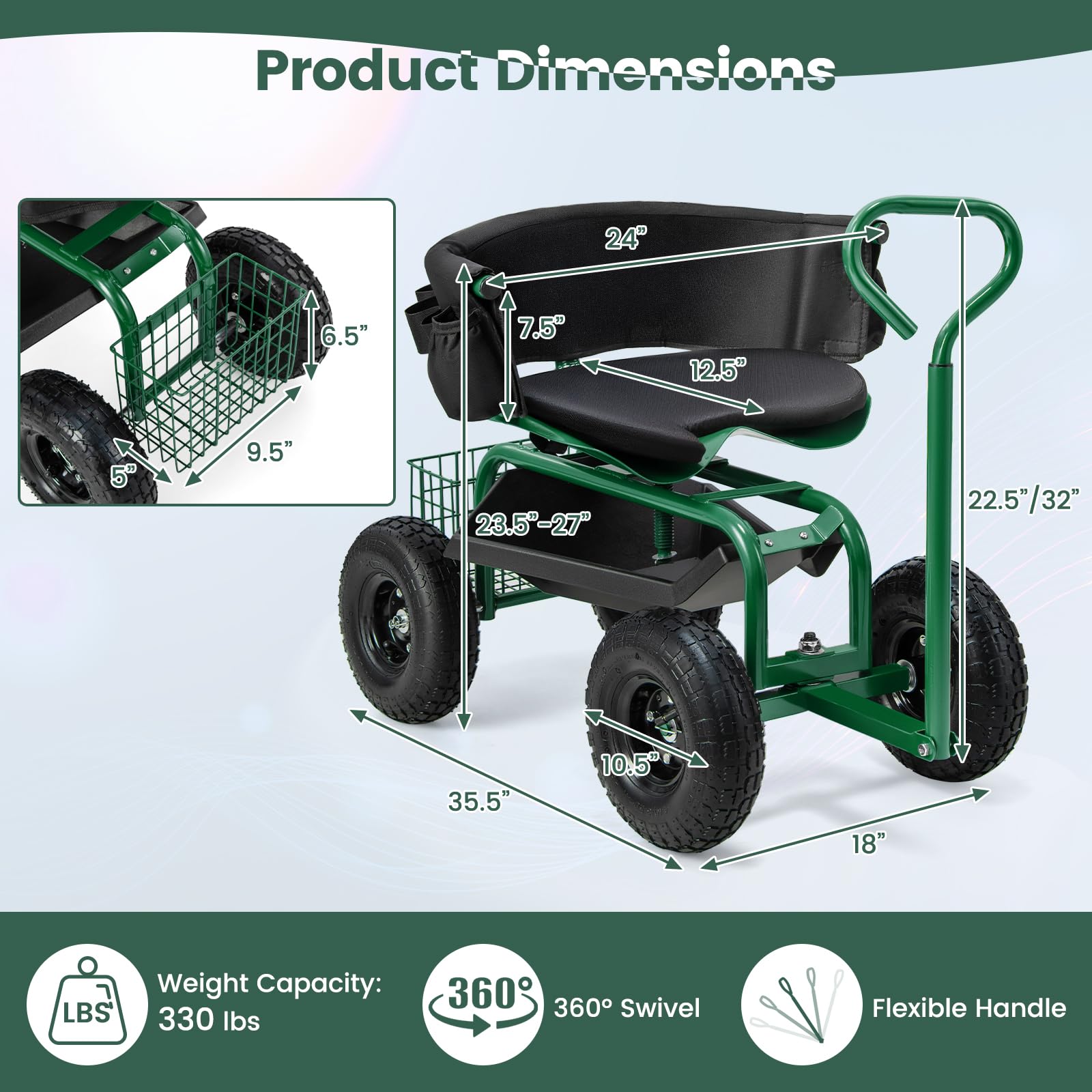 **Goplus Adjustable 360° Swivel Garden Seat with Wheels - Rolling Gardening Stool with Tool Tray, Storage Basket & Extendable Handle - Outdoor Gardening Scooter for Seniors & Adults - Perfect for Planting, Weeding & Yard Work**