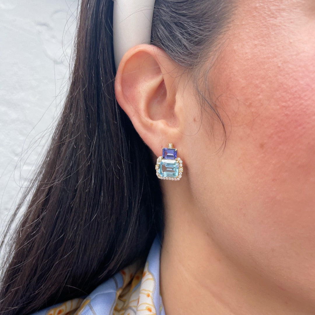 Goshwara 2 Stone Blue Topaz & Tanzanite 18K Gold Earrings for Women - Luxury Dangle Earrings for Wedding, Party & Special Occasions