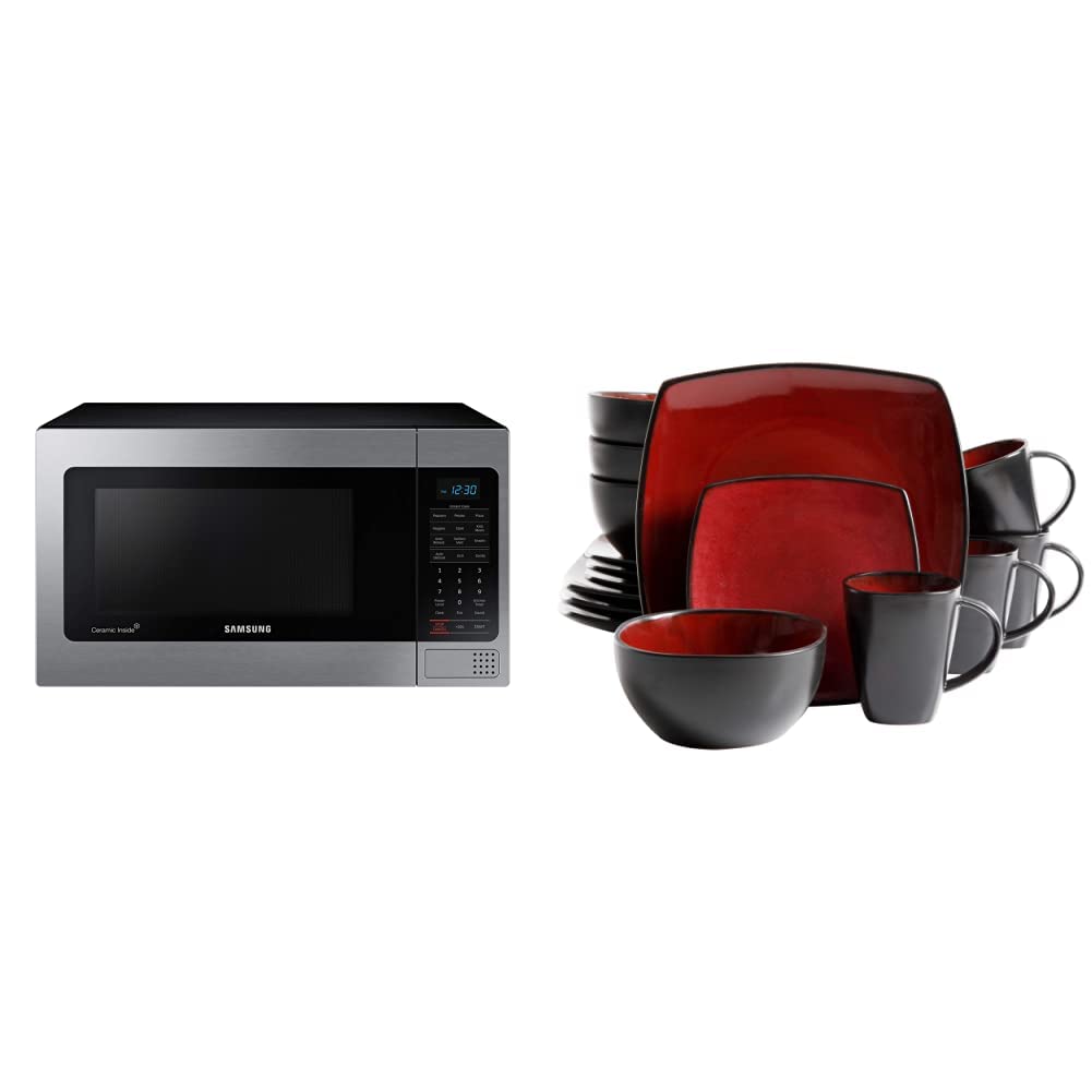 Samsung MG11H2020CT 1.1 cu.ft Black Mirror Finish Countertop Microwave Grill & Gibson Soho 16-Piece Square Red Reactive Glaze Dinnerware Set - Perfect for Small Kitchens, Dorm Rooms & Modern Dining