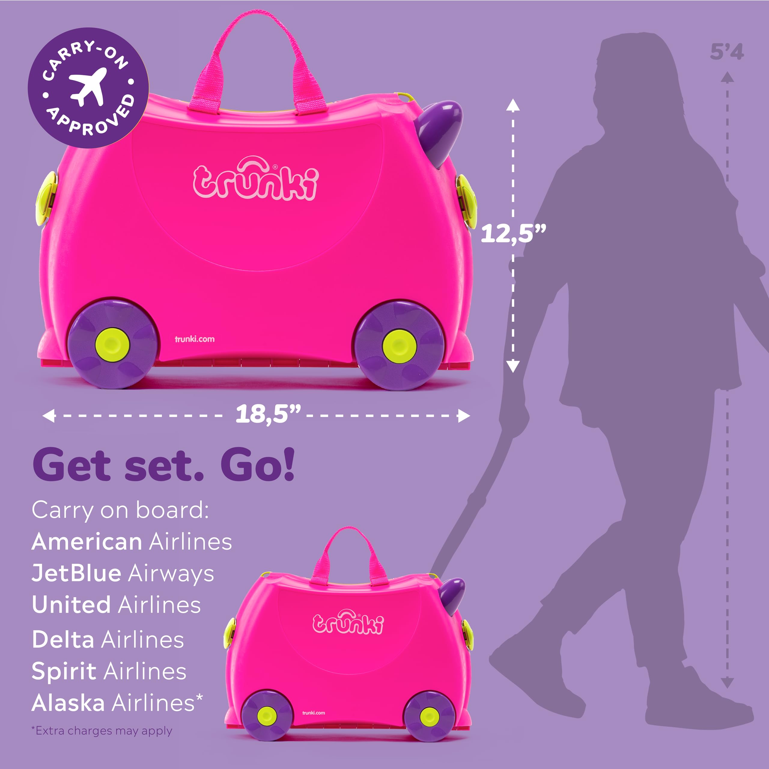 Trunki Ride-On Kids Suitcase - Tow-Along Toddler Luggage with Wheels | Cute Carry-On Travel Bag for Girls | Airplane Essentials & Kids Travel Accessories | Perfect for Family Trips & Airports (Trixie Girl Pink)