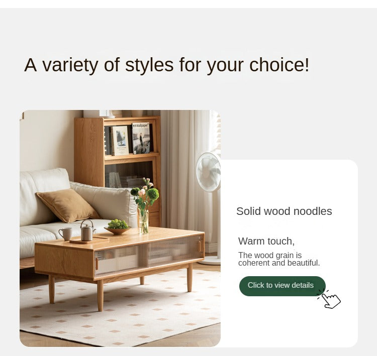 Solid Oak and Beech Wood Coffee Table with Glass Doors - Modern Living Room Furniture for Home Decor and Entertainment