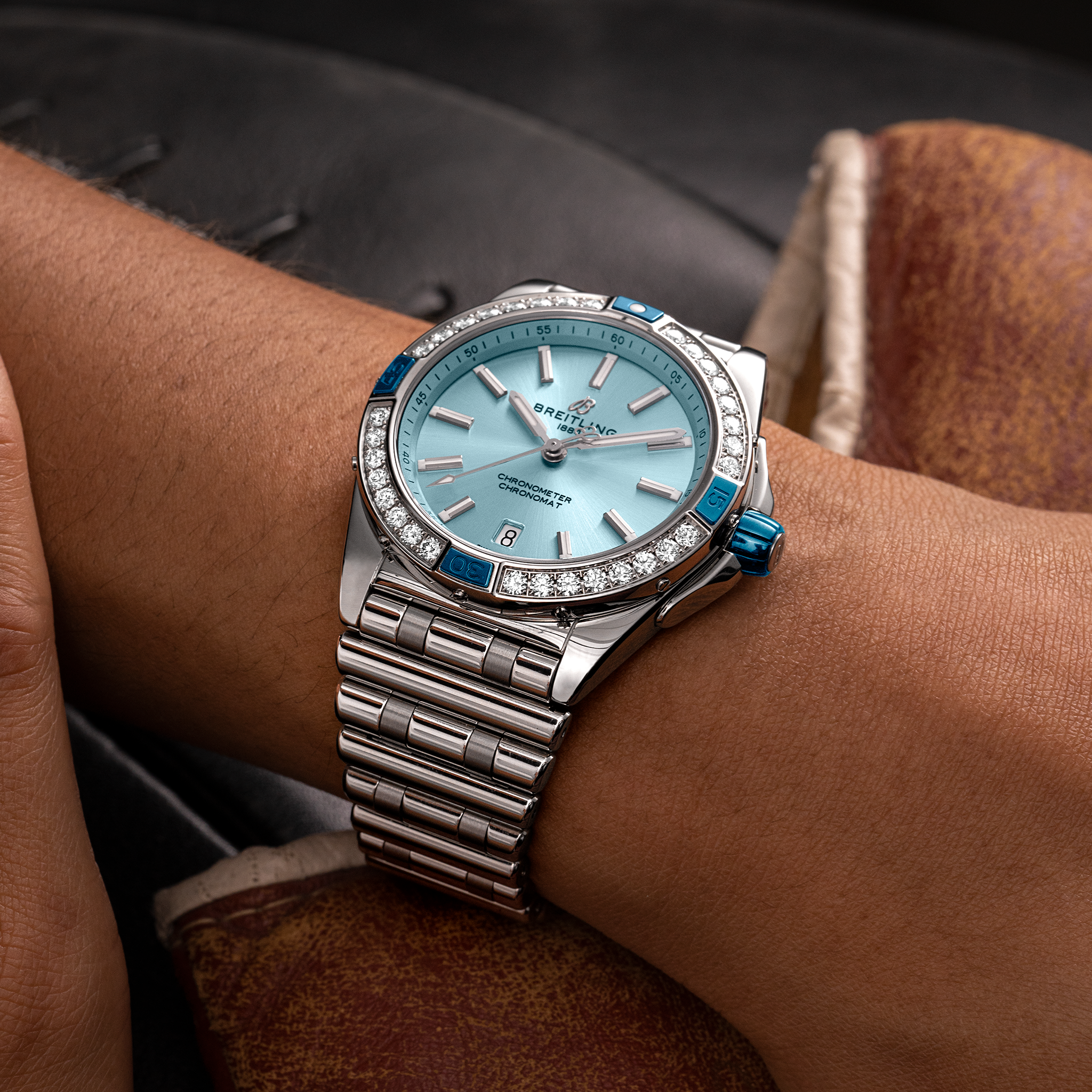 Breitling Super Chronomat Automatic 38mm Blue Dial Diamond Bezel Stainless Steel Bracelet Watch - Luxury Timepiece for Men, Business & Formal Events