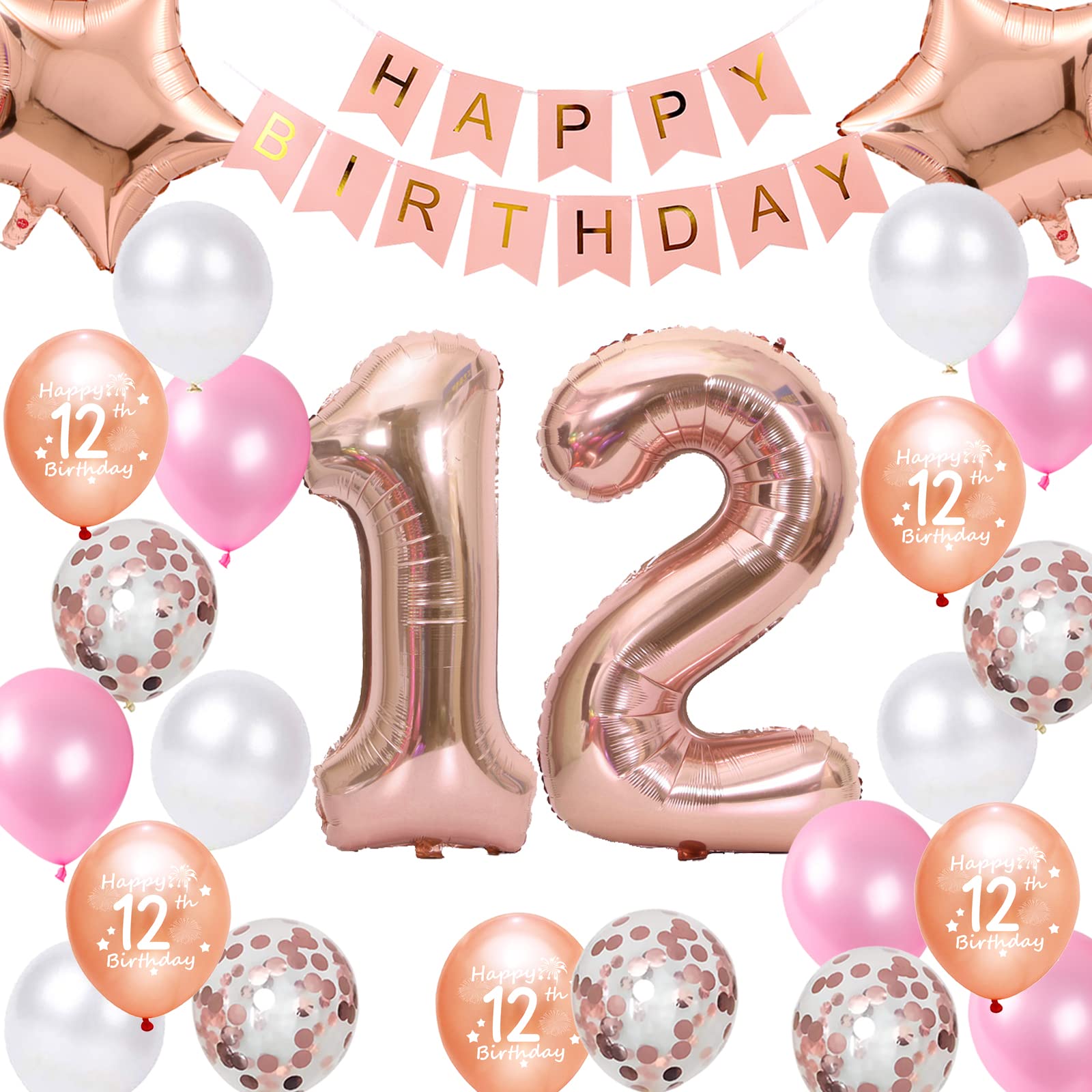 Rose Gold 12th Birthday Party Decorations Set - Happy Birthday Banner, Number 12 Balloons, Star Foil & Confetti Balloons for Girls | Perfect for 12th Birthday Celebrations, Sweet 16 Parties & Special Occasions