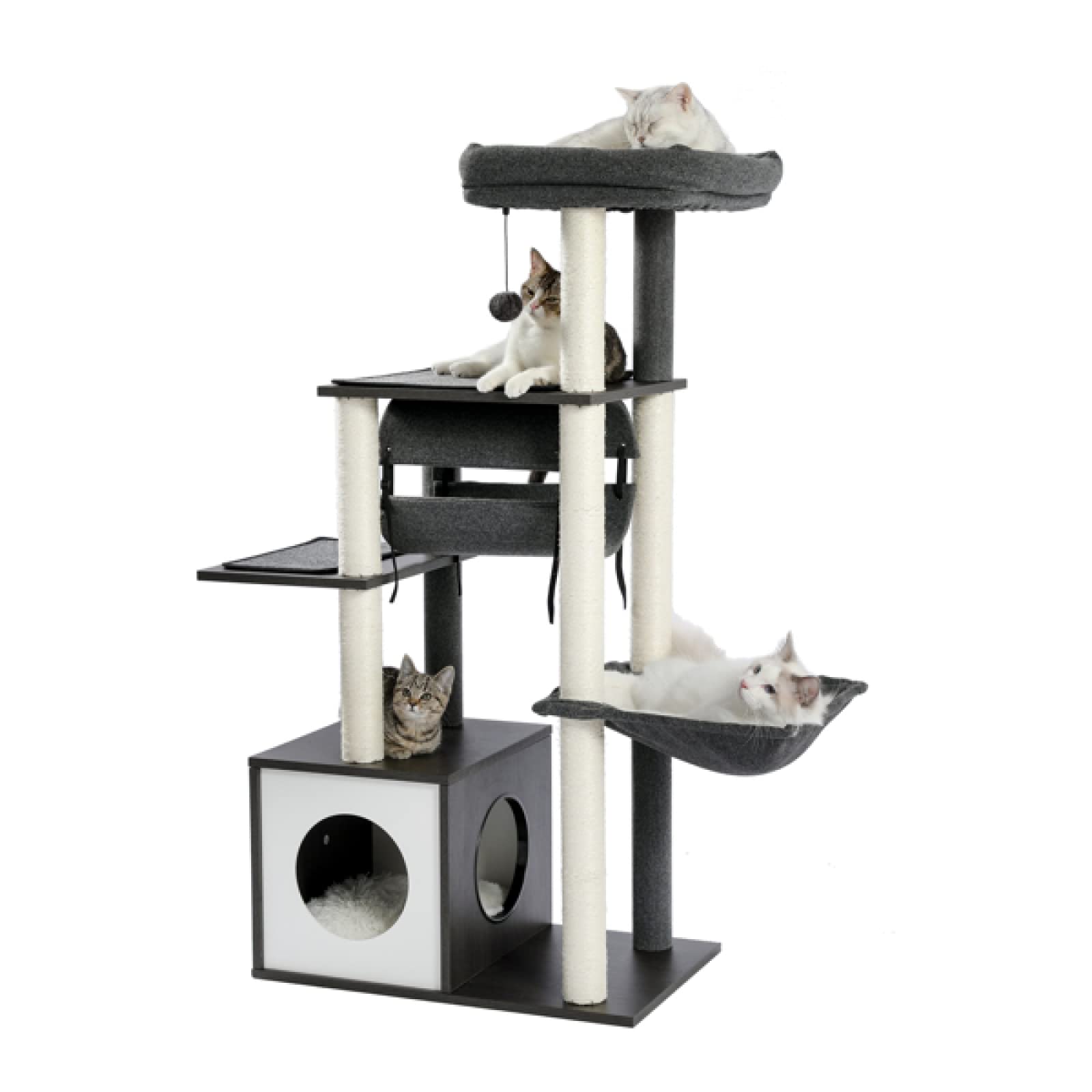 6-Level Modern Cat Tree with Sisal Scratching Posts, Large Hammock & Swing Tunnel - Wooden Cat Tower with Spacious Perch & Condo for Indoor Cats - Perfect for Small Spaces & Multi-Cat Homes (Grey)