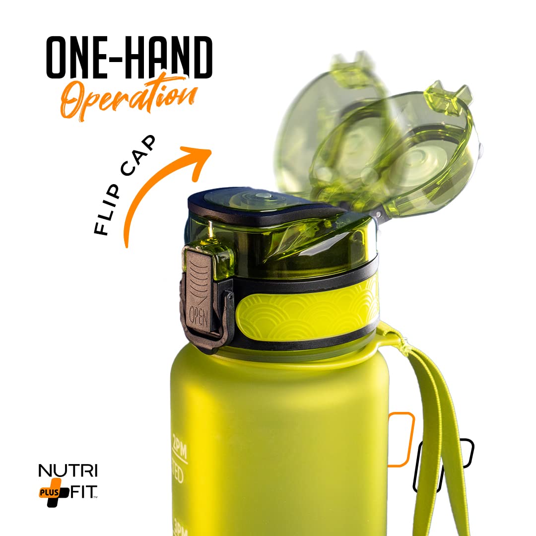Nutrifit Green 32oz Motivational Water Bottle with Time Markings - BPA Free Leak Proof Sports Bottle for Gym, Workouts & Daily Hydration Goals