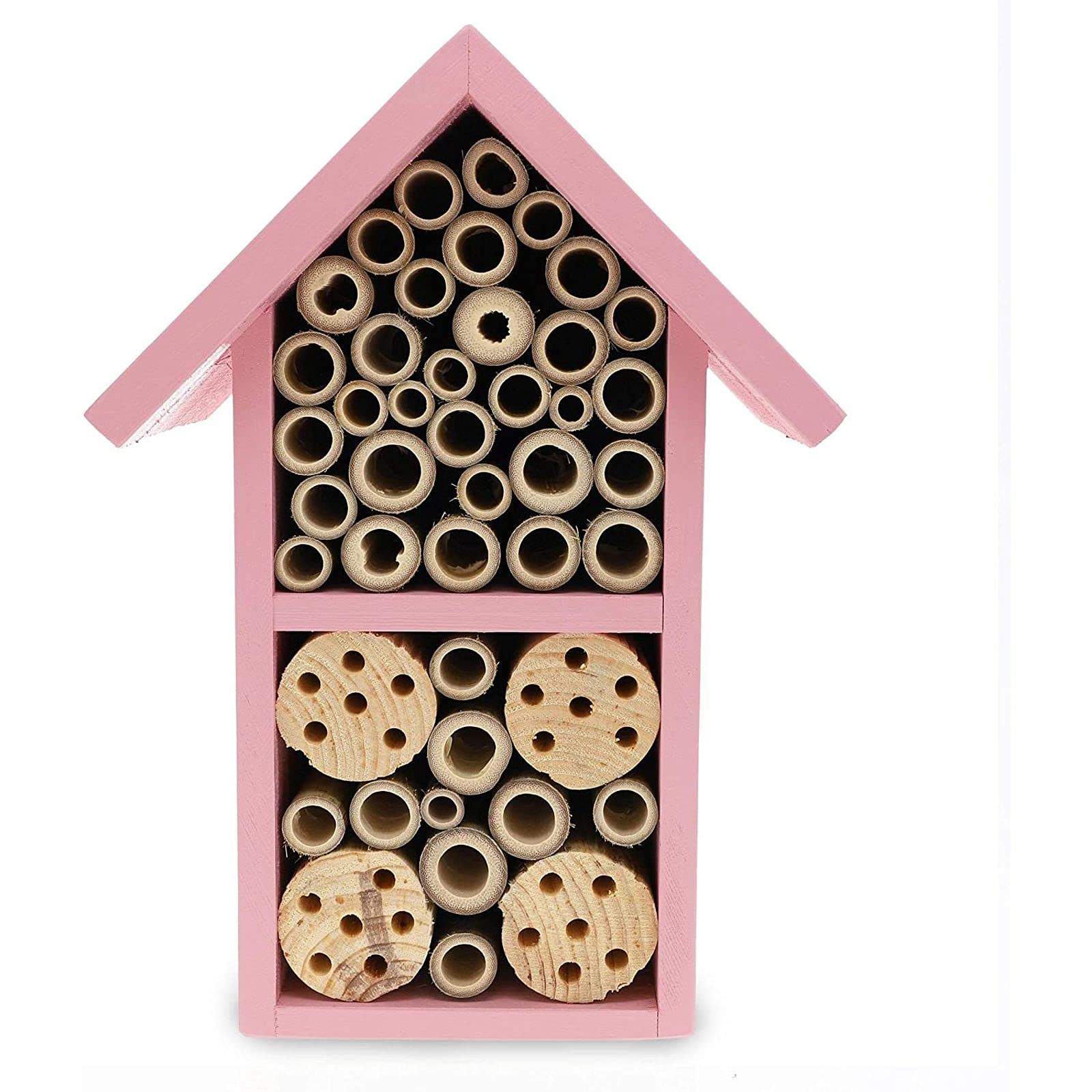 Bright Creations Pink Mason Bee House for Garden - Natural Wood Beehive Habitat (7.4