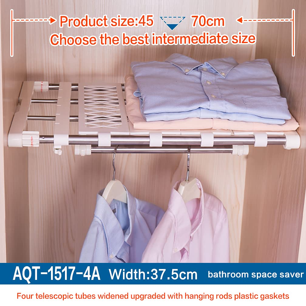 Hershii Expandable Closet Organizer - Heavy Duty Adjustable Tension Shelf with Rustproof Hanging Rod, 4-Bar Extension & Gaskets for Wardrobe, Bathroom, Kitchen, Garage Storage - Perfect for Small Space Organization & DIY Home Storage Solutions