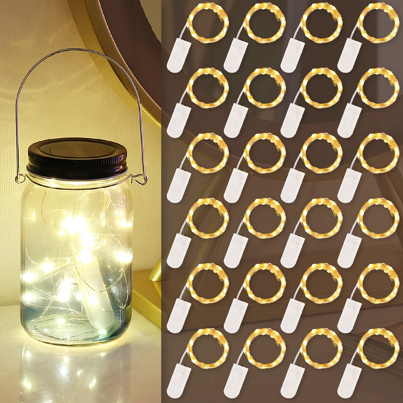 24 Pack Battery Operated Fairy Lights - 7Ft 20 LED Mini String Lights with Waterproof Copper Wire, Warm White for Wedding, Party, Bedroom, Christmas Decor & Mason Jars - Perfect for Indoor/Outdoor Decorations, DIY Crafts, and Holiday Lighting