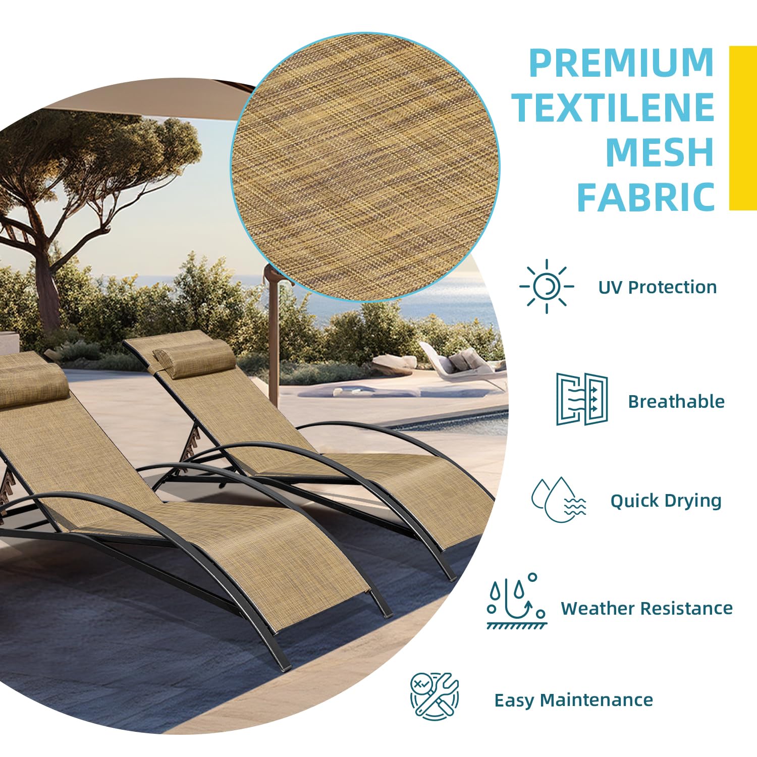 EROMMY 2-Pack Patio Chaise Lounge Chairs - Adjustable 5-Position Backrest, All-Weather Waterproof Outdoor Poolside Lounge Chairs for Beach, Yard, Garden & Backyard Relaxation