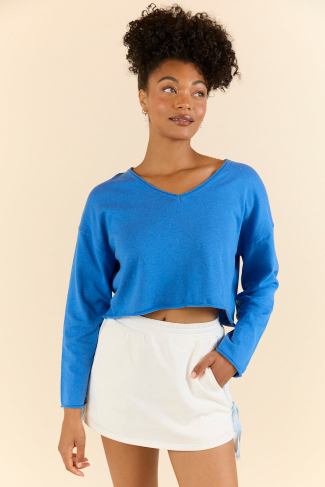 No Bad Days Blue Drop Shoulder V-Neck Pullover Sweater - Soft Casual Knit Top for Women | Perfect for Layering, Weekend Outfits & Cozy Fall Fashion