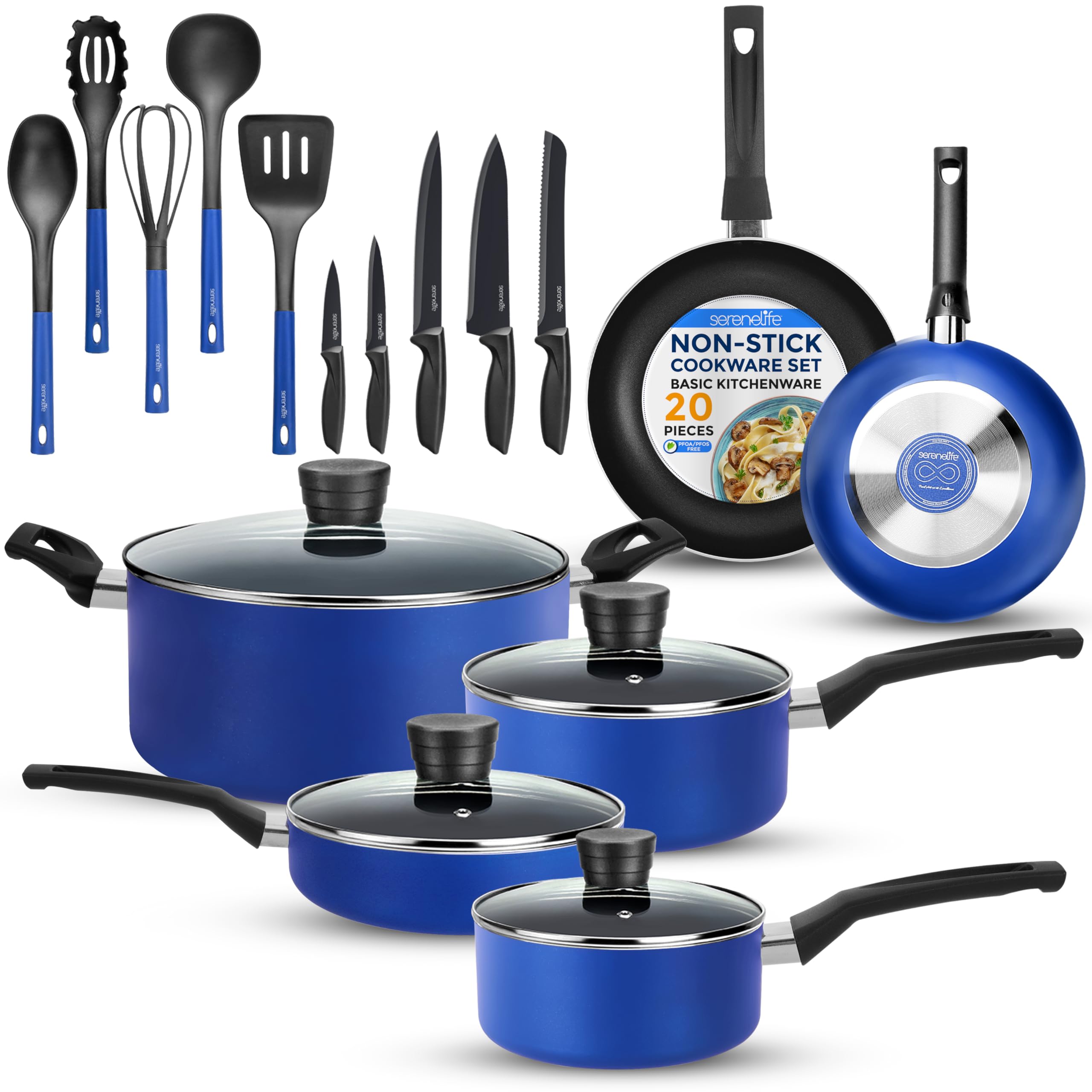 SereneLife 20-Piece Blue Nonstick Cookware Set with Knives, Pots, Pans & Utensils - Heat Resistant, Dishwasher Safe Kitchenware for Cooking, Baking & Meal Prep - Perfect for Home Chefs & Family Dinners