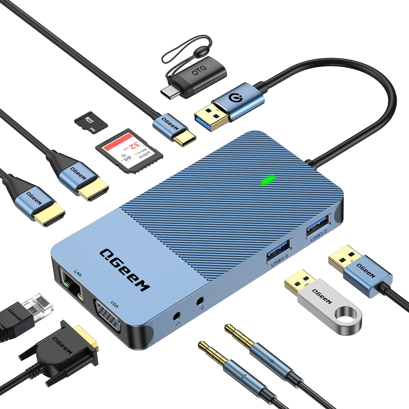 QGeeM USB 3.0 Docking Station with Triple Display, Dual Monitor Support, USB C Hub for MacBook M1/Dell/HP/Lenovo - 2x HDMI, VGA, SD/TF Card Reader, Ethernet, Audio, 2x USB 3.0 Ports (Blue) - Perfect for Home Office, Remote Work & Multi-Tasking Setup