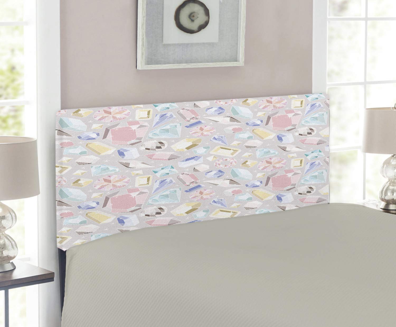 Ambesonne Pastel Headboard - Colorful Diamond Gemstone Design, Feminine Fashion Theme Upholstered Metal Bed Frame with Memory Foam, Twin Size Multicolor - Perfect for Girls' Bedroom, Dorm Room Decor & Home Styling