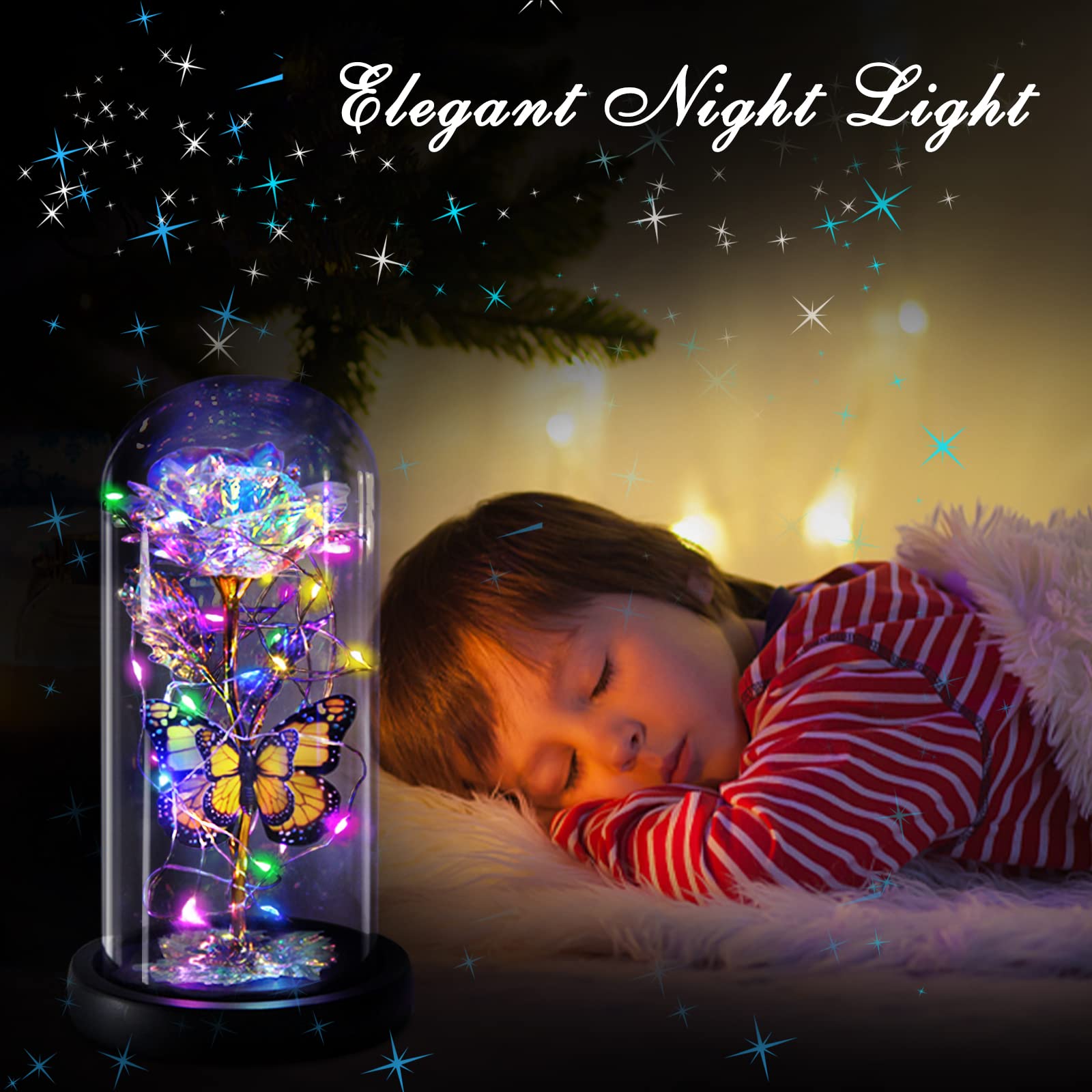 Galaxy Butterfly Rose in Glass Dome - Light Up Forever Rose Gift for Women, Mom, Grandma, Wife | Birthday, Mother's Day, Valentine's, Anniversary & Thanksgiving Present | Romantic Home Decor & Special Occasion Gift Idea