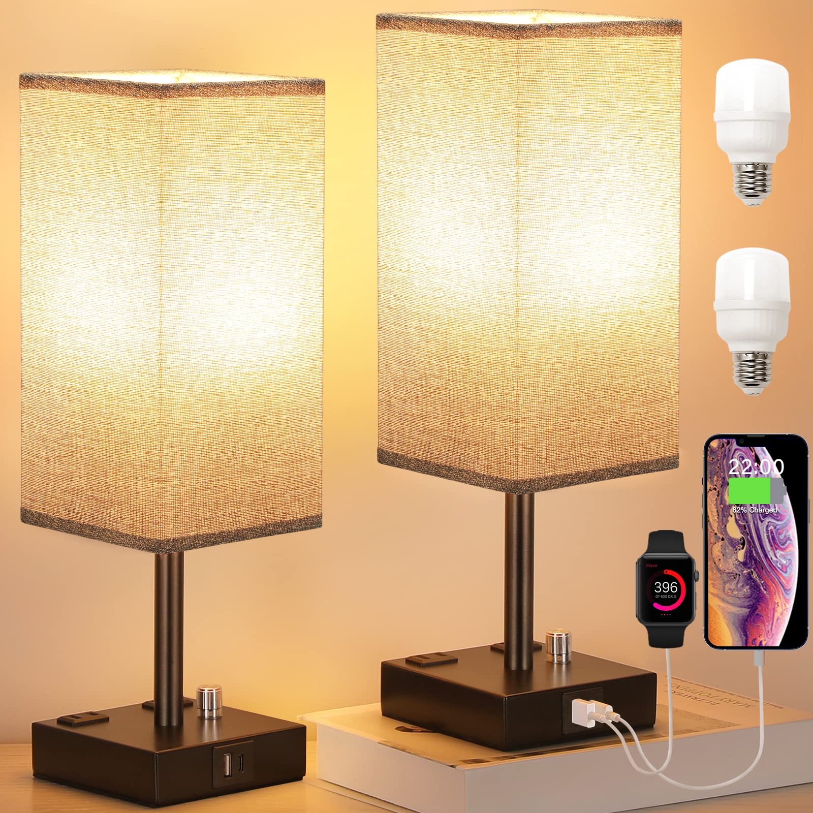 Gray Fully Dimmable Nightstand Lamps Set of 2 - USB C+A Charging & 2 AC Outlets Table Lamps with Linen Shade for Bedroom, Living Room, Office (Bulb Included) | Perfect for Reading, Charging Devices & Creating Cozy Ambience