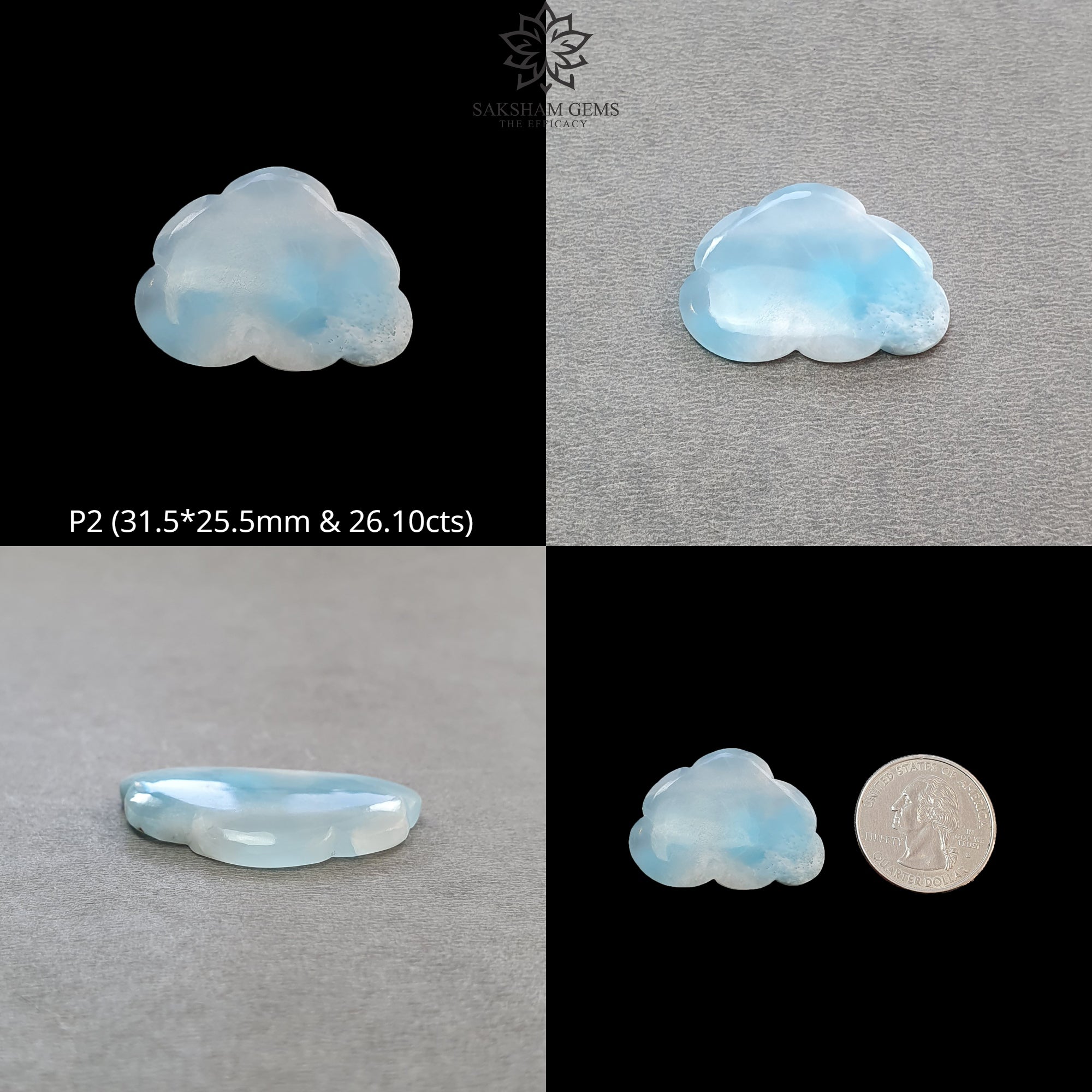 Natural Blue Larimar Gemstone Carving - Untreated Unheated Bi-Color Larimar Hand Carved Cloud Design | Healing Crystal Jewelry Making, Meditation & Spiritual Decor