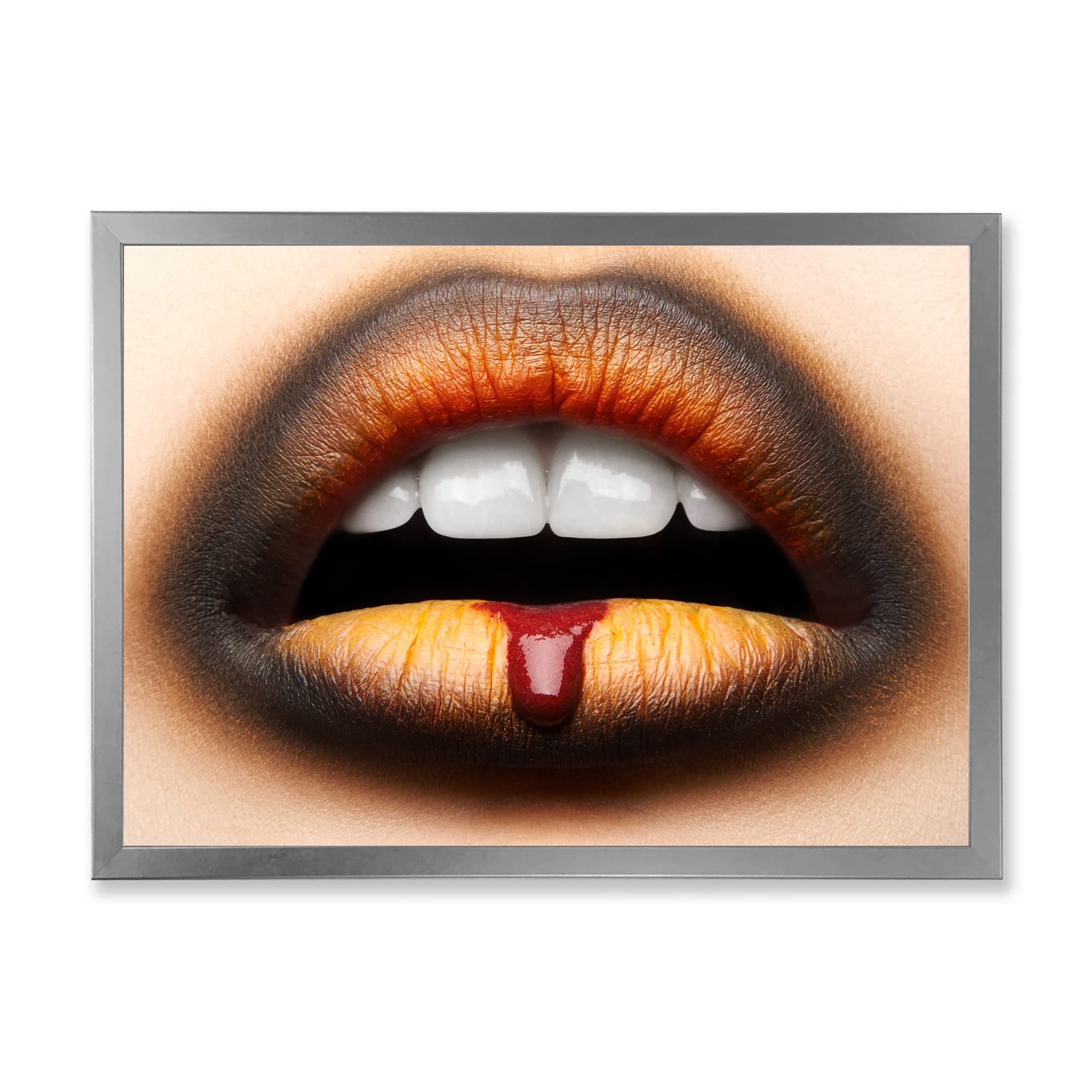 DesignQ Modern Framed Wall Art - Black & Orange Lipstick Female Lips Painting - Perfect for Living Room, Bedroom, or Office Decor