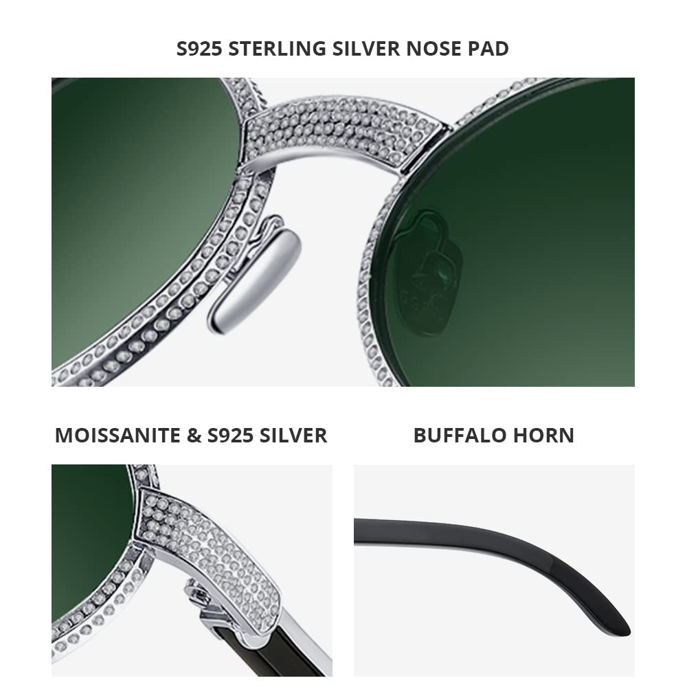 HEPIDEM 925 Sterling Silver 560pcs Moissanite Buffalo Horn Glasses Frame - Luxury Unisex Eyewear for Men & Women | Perfect for Reading, Fashion Accessories & Special Occasions