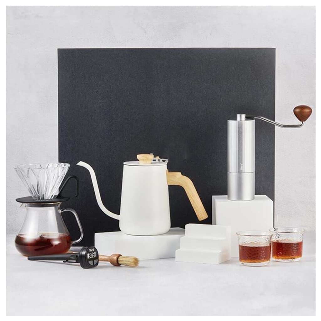 Premium Ceramic Coffee Maker Set with Dripper & Grinder - 1-4 Cup Manual Pour Over Drip Filter System for Home Brewing - Perfect for Morning Coffee Rituals & Entertaining Guests (White, 43.5x36.5cm)