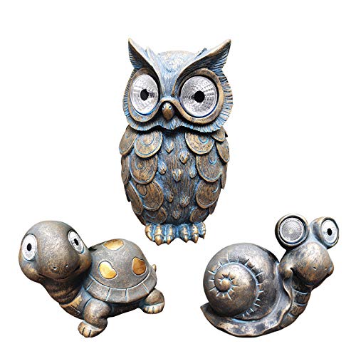 Solar-Powered Garden Decor Set - 3 Piece Owl, Turtle & Snail Statue Figurines for Outdoor Lawn, Patio, Balcony & Yard | Weather-Resistant Animal Ornaments for Garden, Tree House & Landscape Decoration