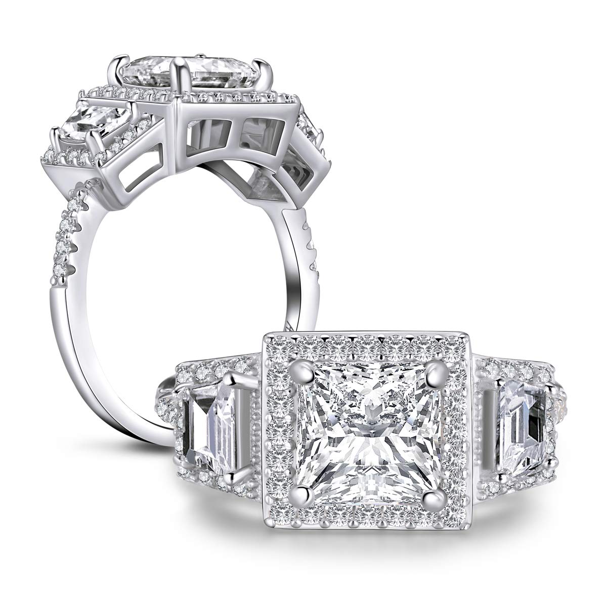 Three Stone Engagement Ring for Women - Round & Princess Cut Simulated Diamond Wedding Ring, 925 Sterling Silver Cubic Zirconia CZ White Gold Ring - Perfect for Anniversaries, Proposals & Special Occasions