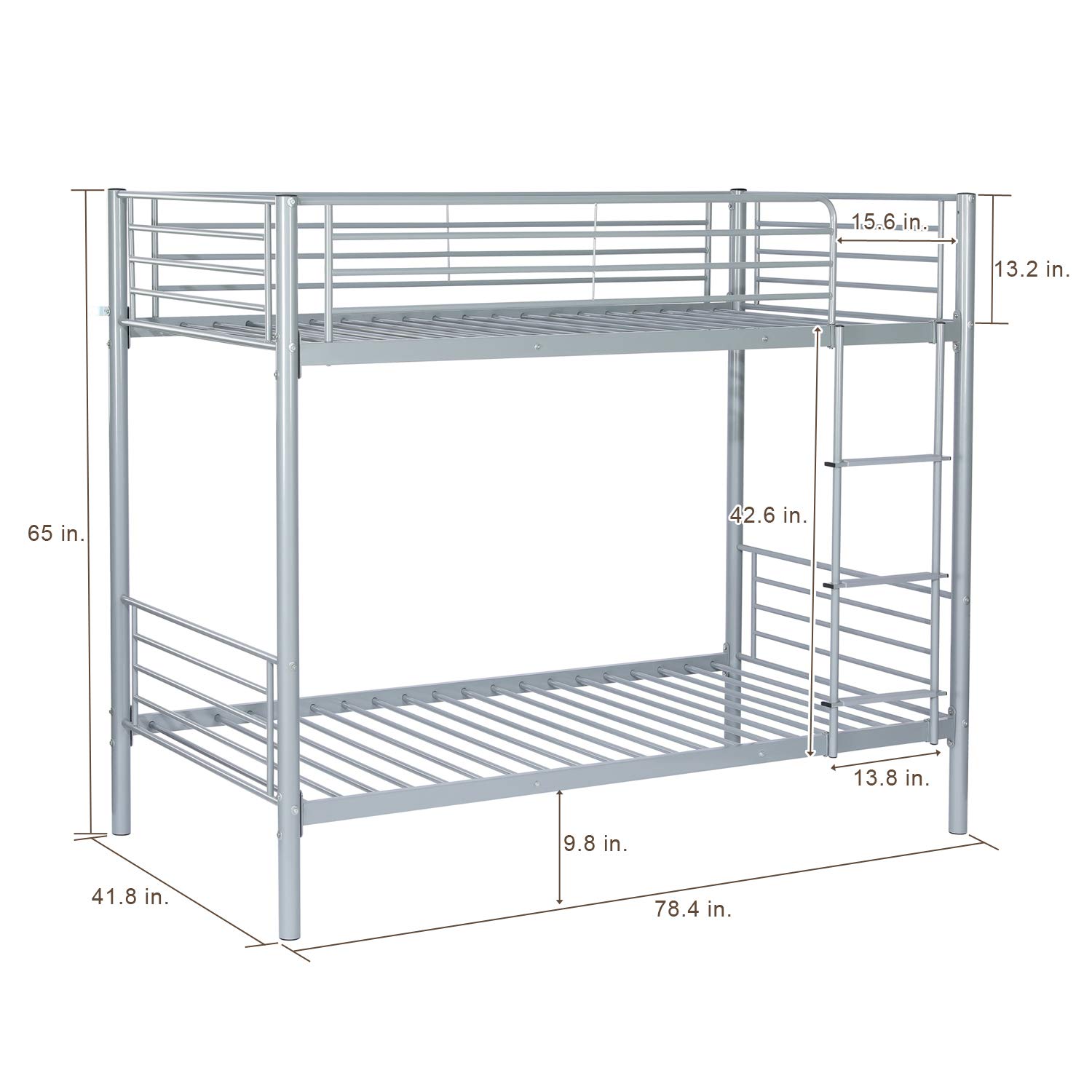 Bonnlo Twin Over Twin Metal Bunk Bed with High Guard Rail & Non-Slip Steps - Heavy Duty Gray Bunk Beds for Kids, Teens & Adults - Perfect for Dorms, Small Bedrooms & Space-Saving Kids' Rooms