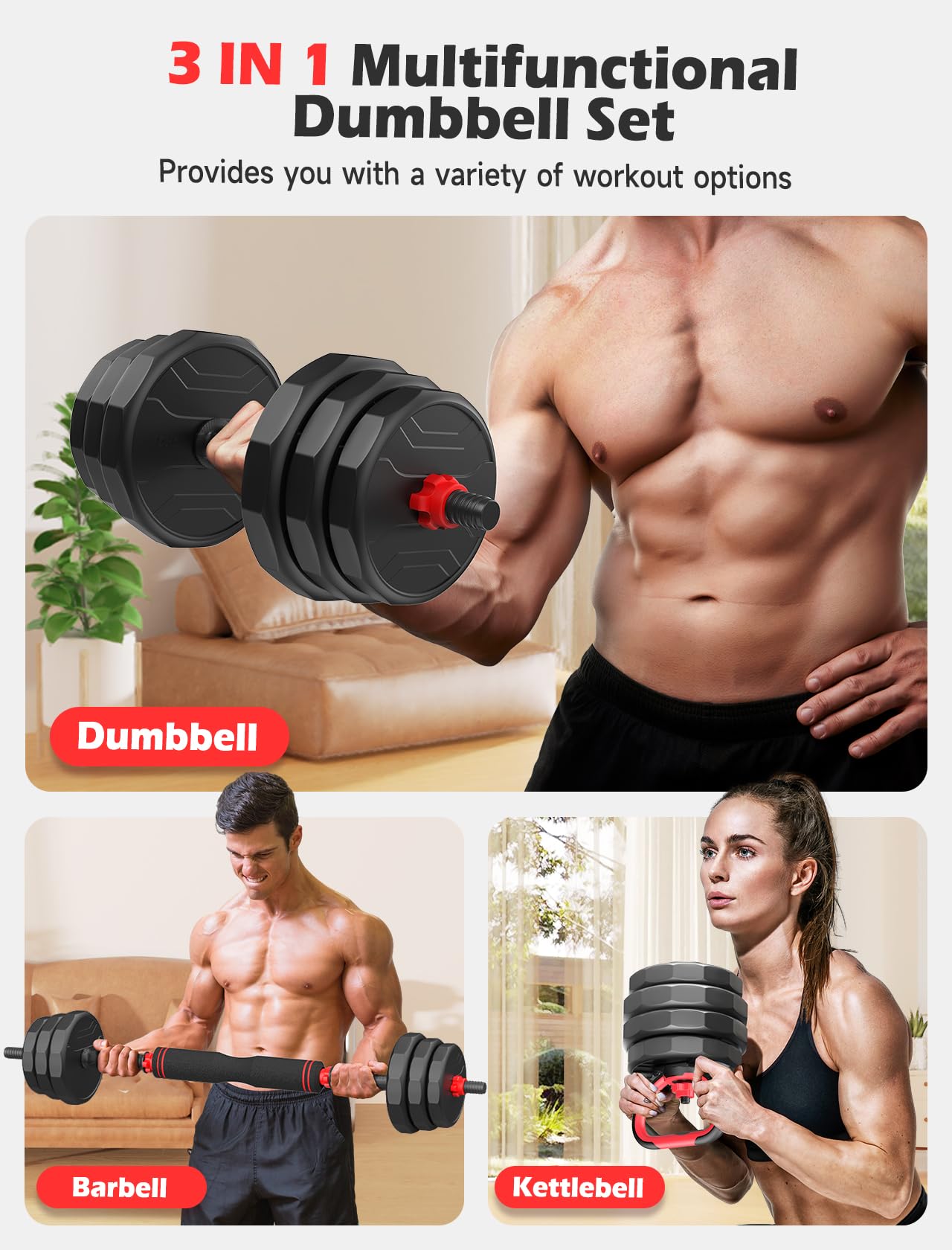 Adjustable Dumbbell Set 20-90lbs - Convertible Free Weights for Home Gym - Use as Dumbbells, Barbell or Kettlebells - Perfect for Strength Training, Weightlifting & Fitness Workouts