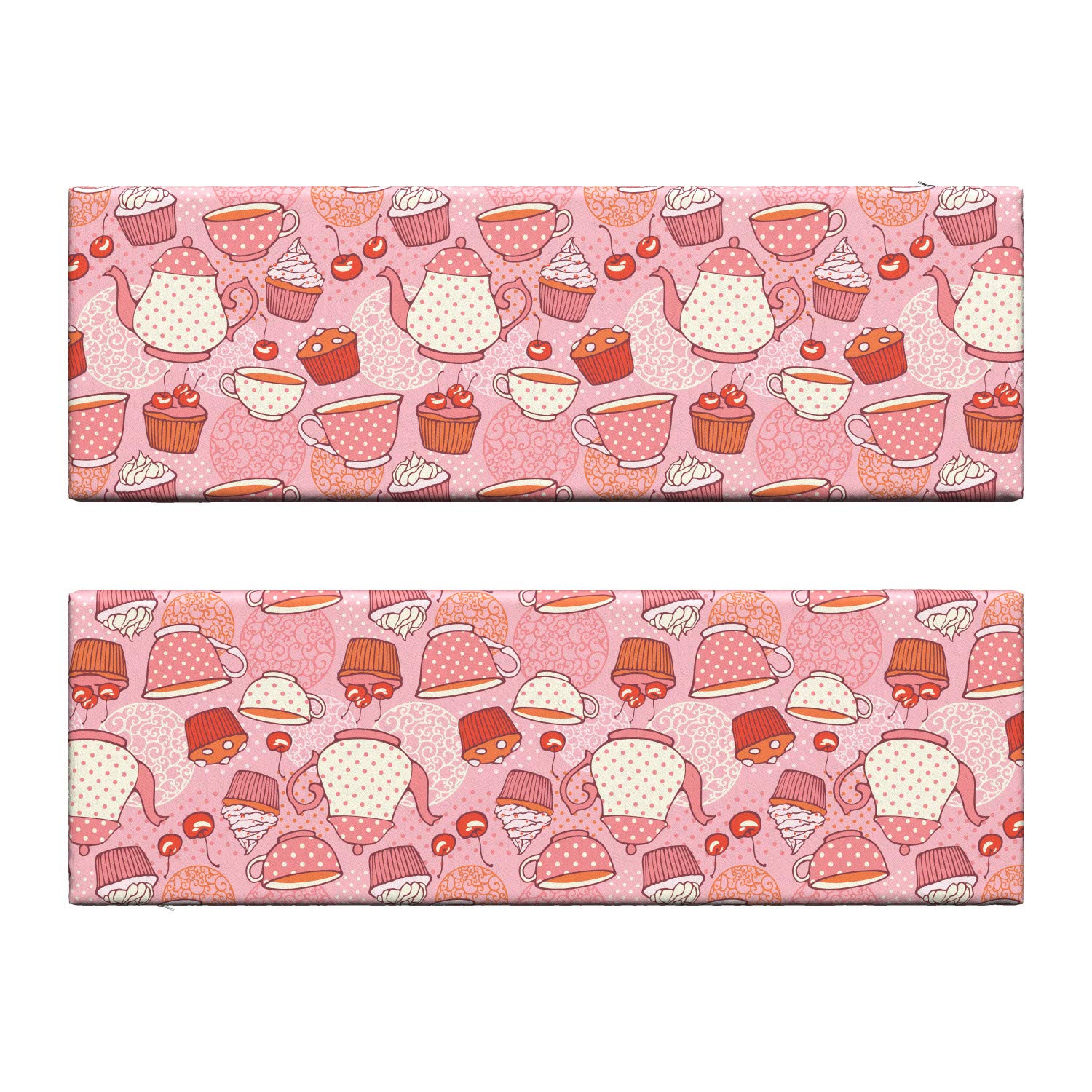 Ambesonne 2-Piece Cartoon Bench Cushion Set - Teapot & Cup Design with Polka Dots, Cherries, Cakes Pattern - 45