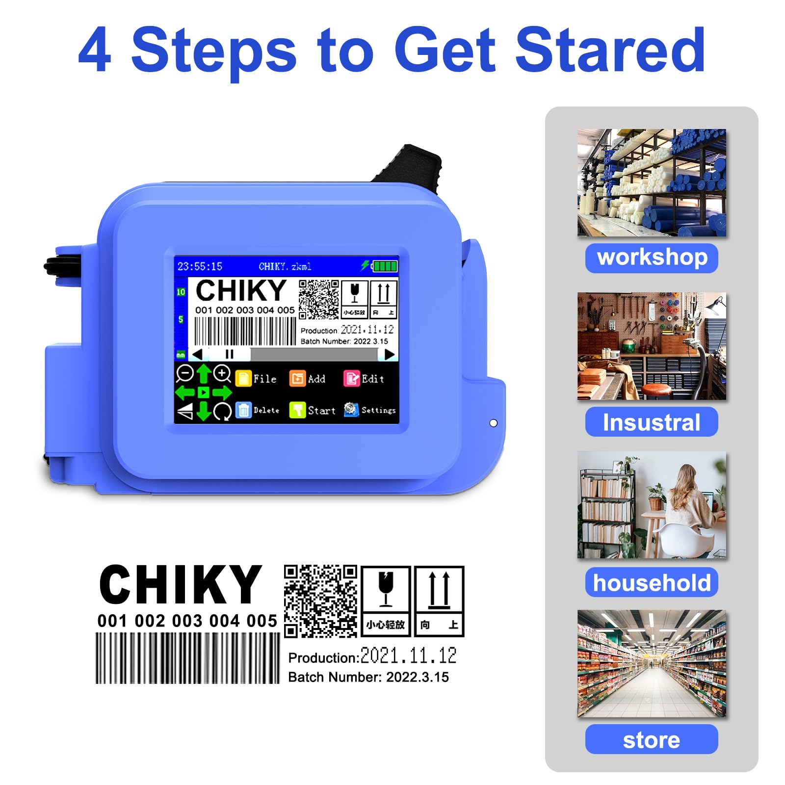 CHIKYTECH Upgraded Mini Inkjet Printer - Portable Printing Machine for Date, Time, Barcode, Logo, QR Code & Batch Numbers on All Materials | Perfect for Product Labeling, Packaging & Inventory Management