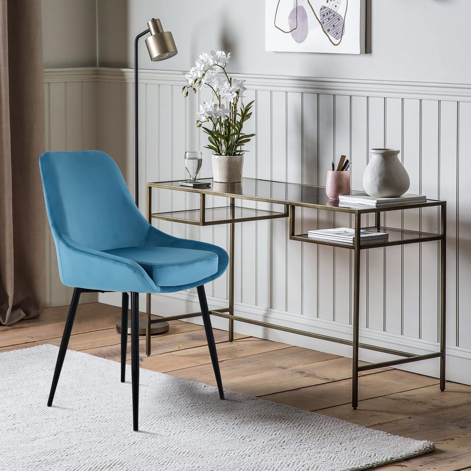 **2-Piece Velvet Upholstered Dining Chairs Set with Black Metal Legs - Mid-Back Accent Chairs for Kitchen, Dining Room & Home Decor - Stylish Blue Seating for Modern Living Spaces**