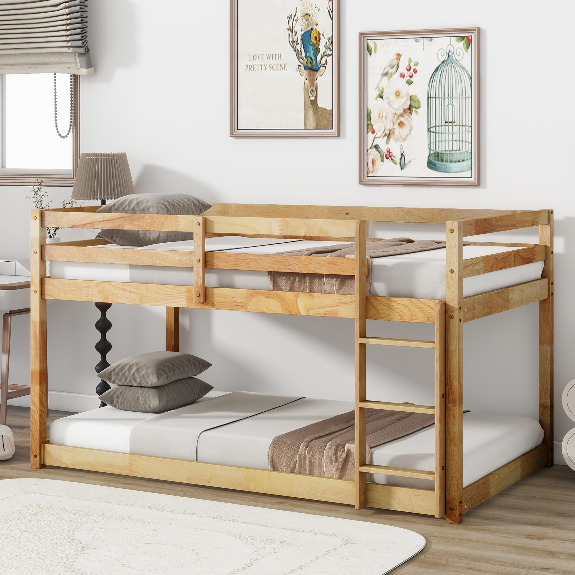 Twin Over Twin Wooden Bunk Bed - Low Profile Floor Bunk Bed with Safety Ladder & Guardrails for Kids | No Box Spring Needed | Perfect for Small Bedrooms, Kids' Rooms & Space-Saving Solutions