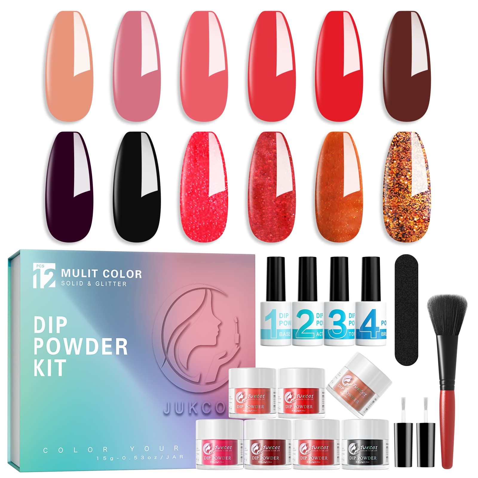 20Pcs Dip Powder Nail Kit with 12 Colors Acrylic Dipping Powder & 4 Gel Polishes (Base, Activator, Top Coat, Brush Saver) - Noble Rose | DIY Manicure Set for Home & Salon Use, Perfect Gift for Nail Lovers