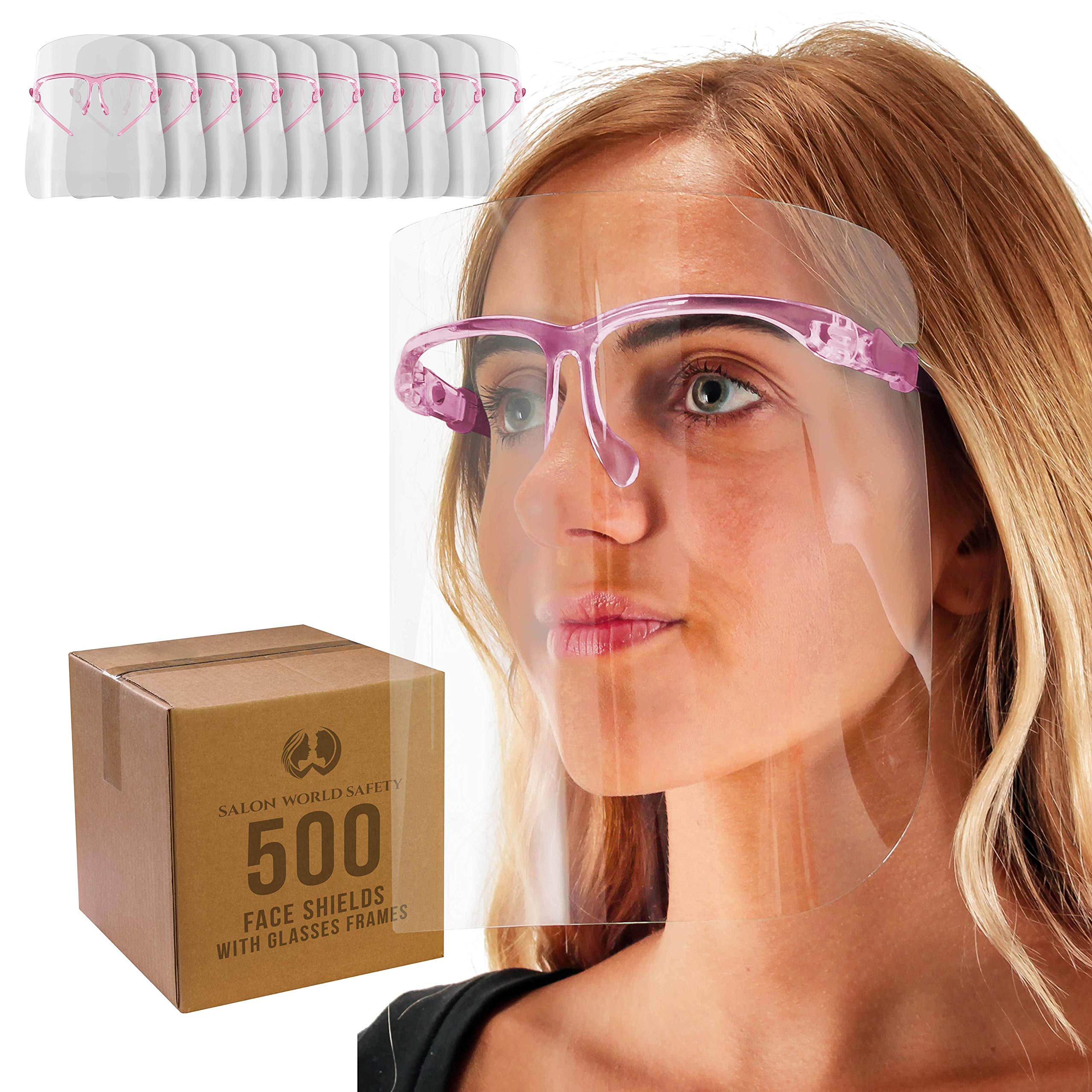 TCP Global Salon World Safety Face Shields with Pink Glasses Frames (500-Pack) - Clear Full Face Protection for Eyes, Nose & Mouth - Anti-Fog PET Plastic Shields - Ideal for Salons, Healthcare & Industrial Use