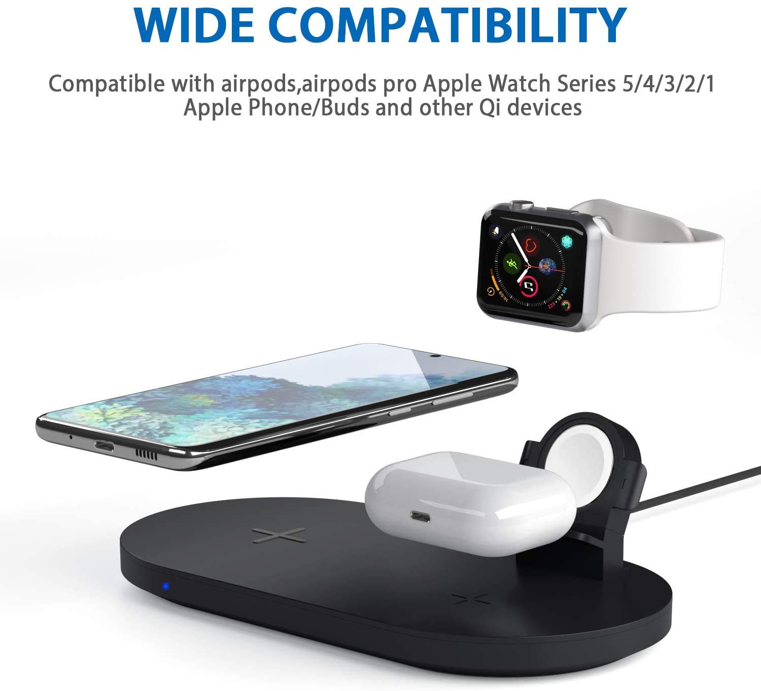 Seacosmo 3-in-1 Qi Certified Fast Wireless Charging Station - Compatible with iPhone 15/14/13, Samsung Galaxy S23/S22, AirPods 2/3 & Apple Watch (Cable Not Included) - Black | Bedside Nightstand Charger for Home & Office