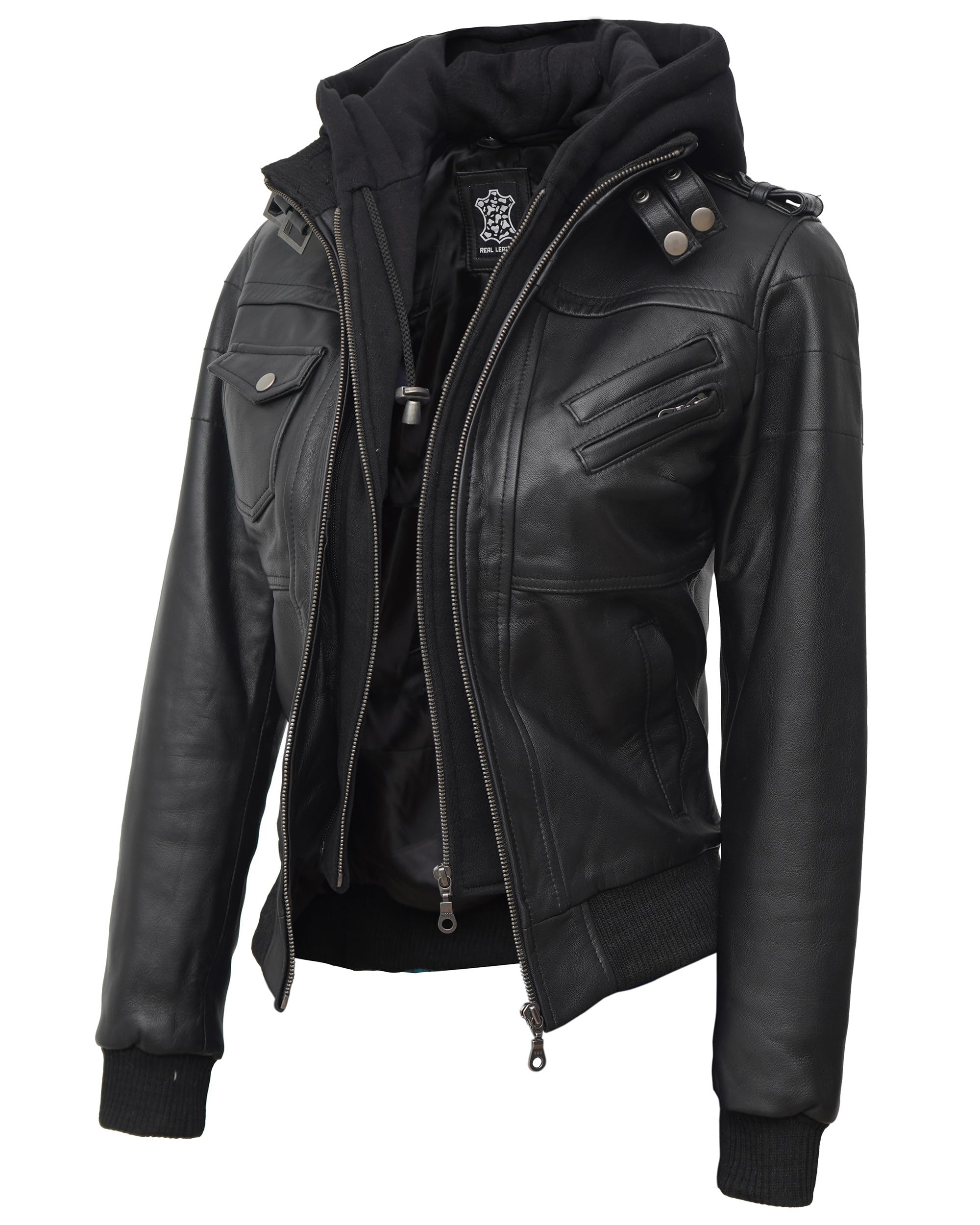 Decrum Genuine Leather Jacket for Women - Detachable Hood Bomber Jacket | Fall & Winter Fashion Outerwear | Perfect for Casual Outings, Date Nights & Cold Weather Protection
